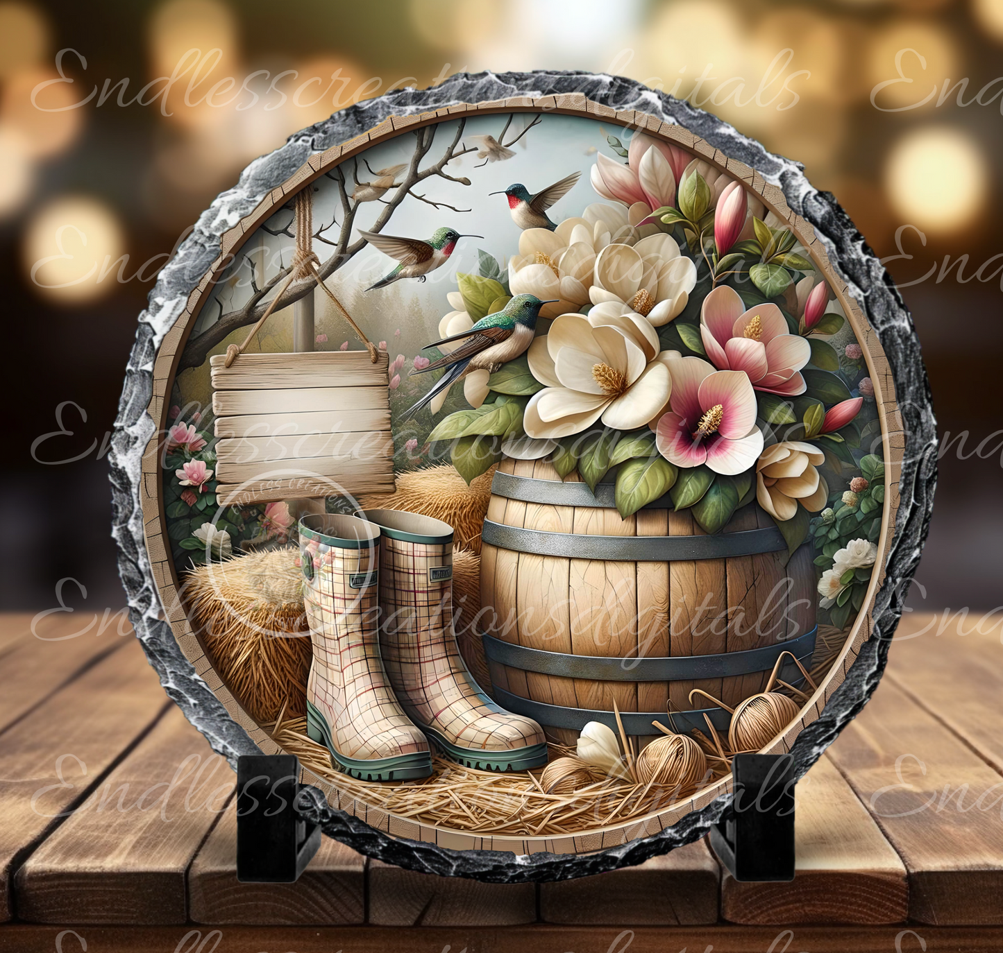 MAGNOLIA Spring Floral Wreath Sign, door hanger, slate, wind spinners for sublimation high resolution, 2 files for download, 1 blank