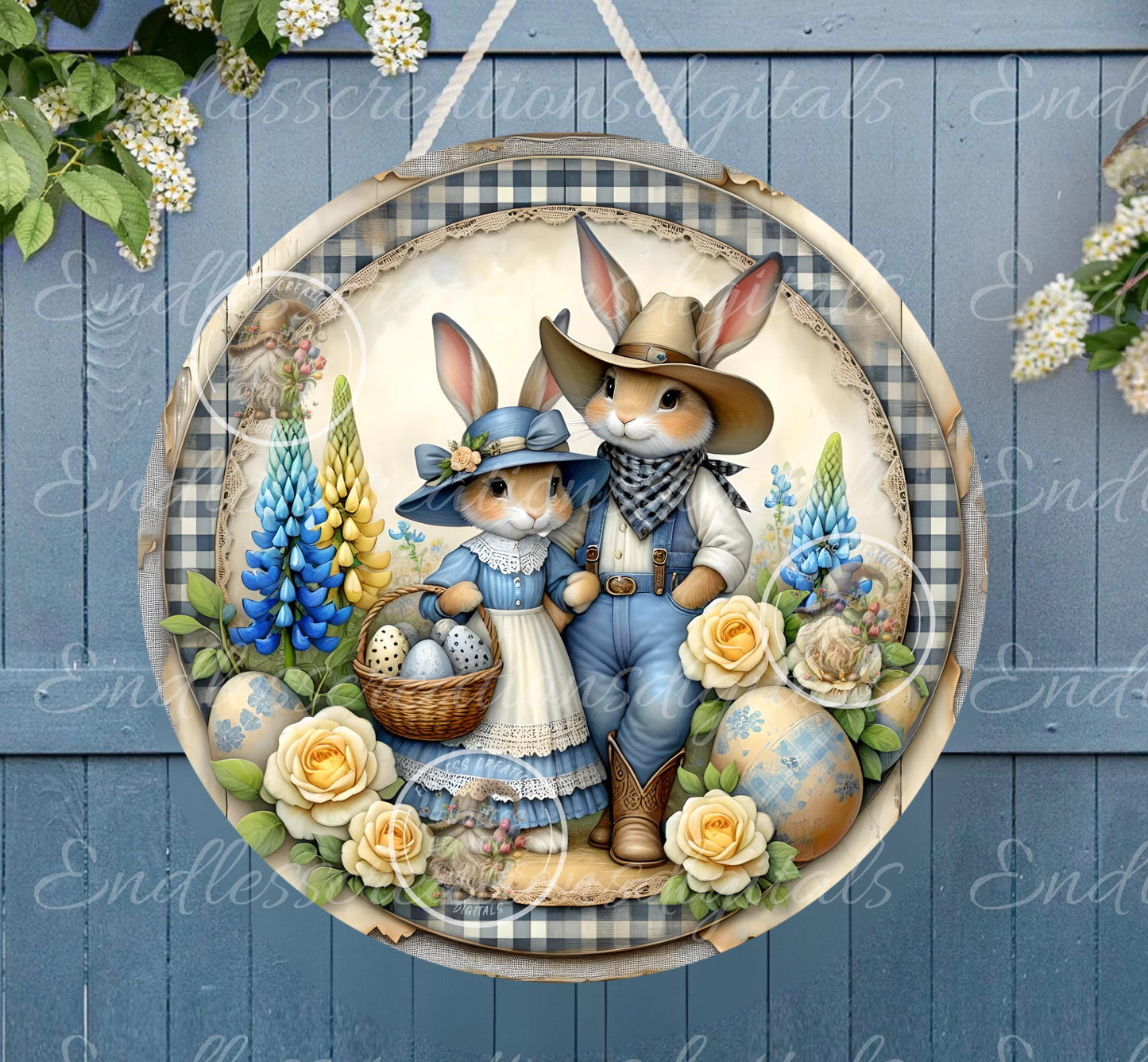 10" Round Aluminum Wreath sign Western Bunny Couple