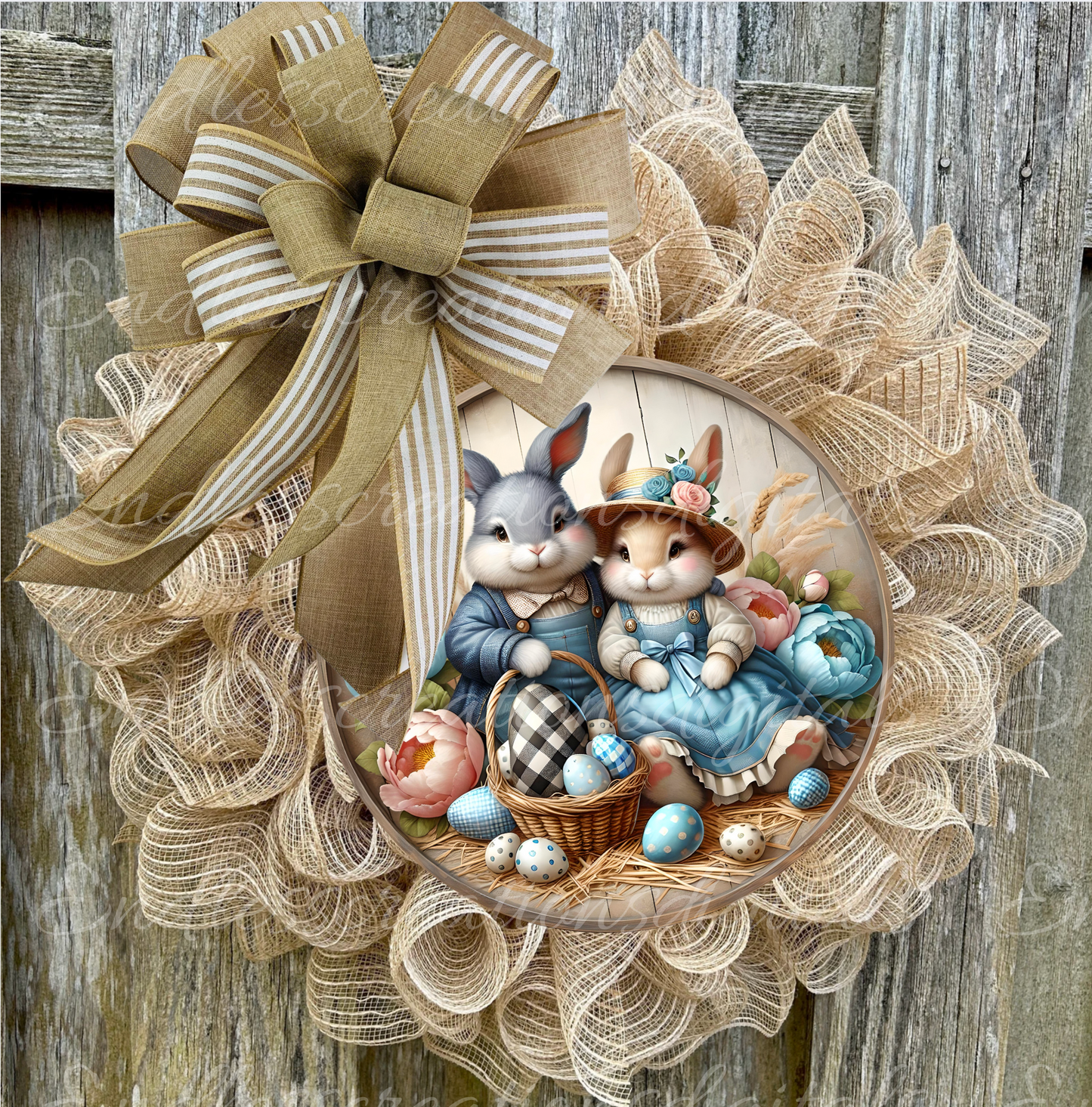 10" ROUND ALUMINUM WREATH SIGN BUNNY COUPLE