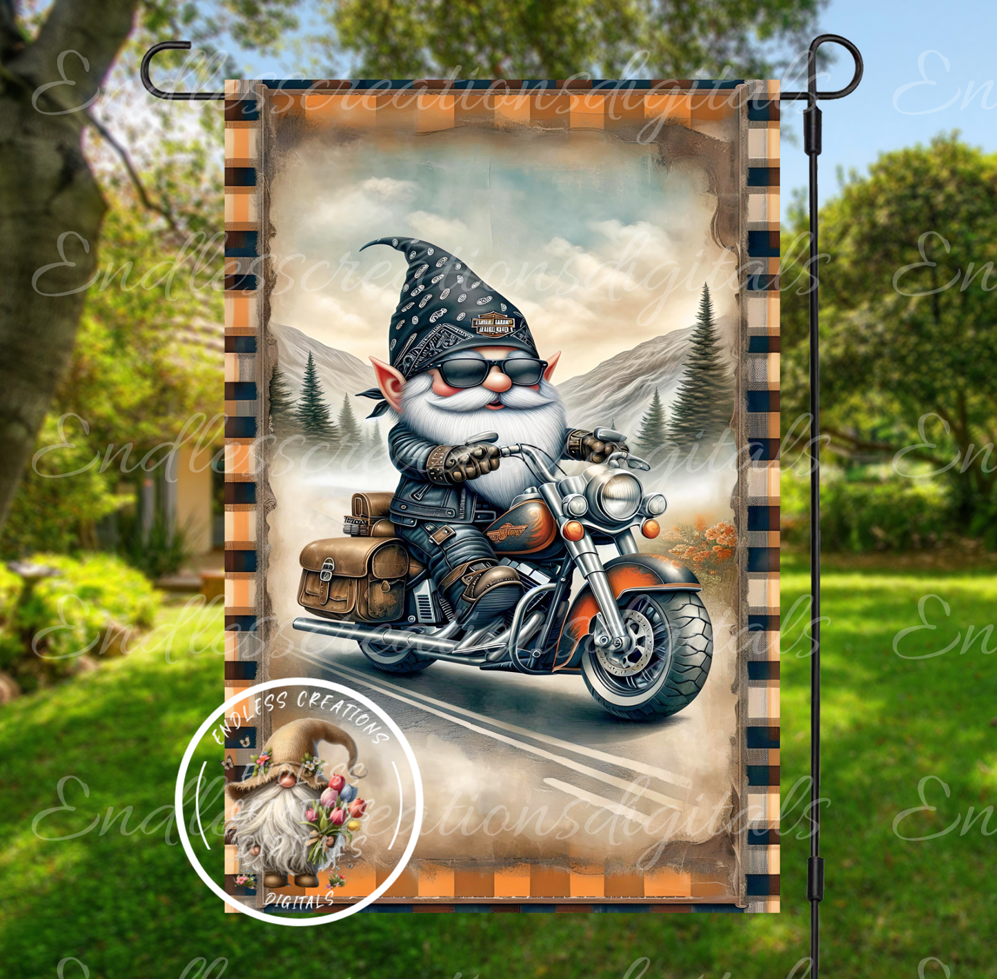 BORN TO RIDE GNOME MOTORCYCLE GARDEN FLAG