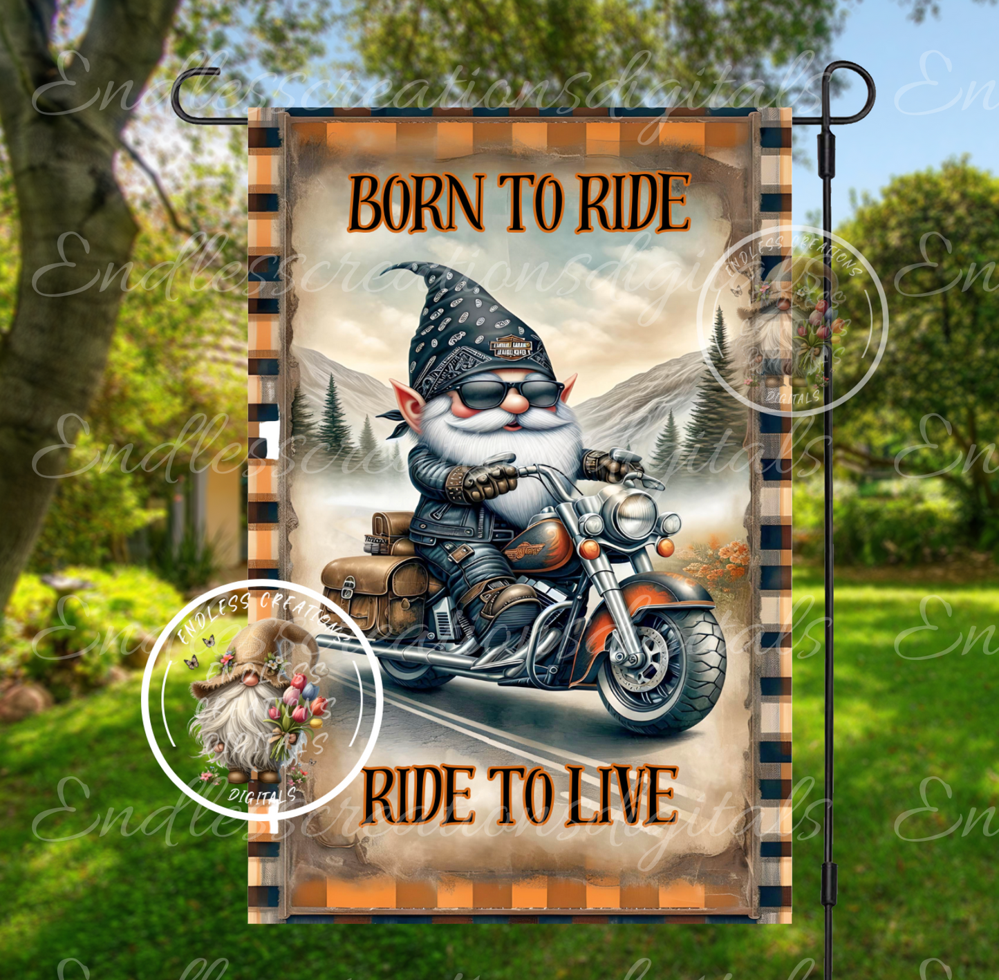 BORN TO RIDE GNOME MOTORCYCLE GARDEN FLAG