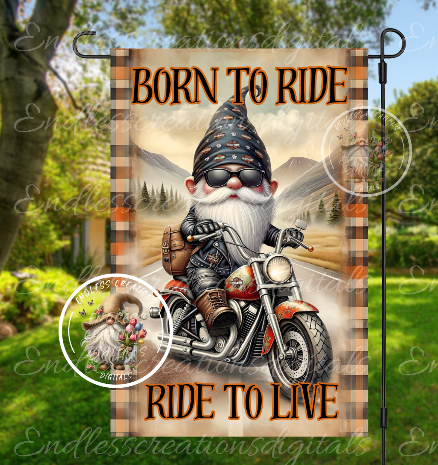 RIDE TO LIVE GNOME MOTORCYCLE GARDEN FLAG