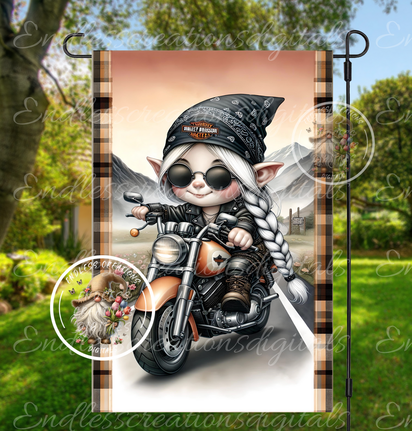 SASSY GIRL GNOME MOTORCYCLE GARDEN FLAG