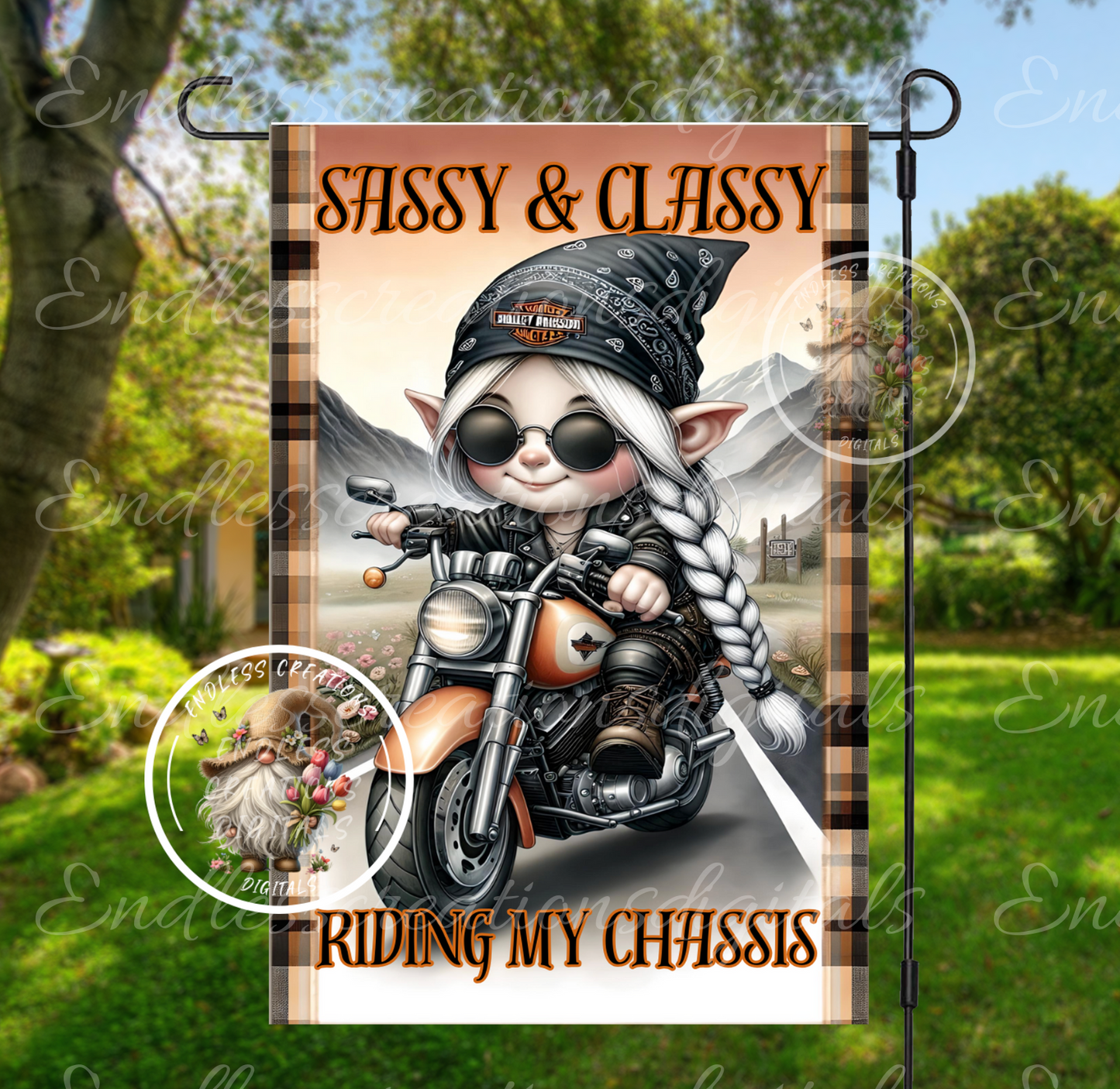 SASSY GIRL GNOME MOTORCYCLE GARDEN FLAG