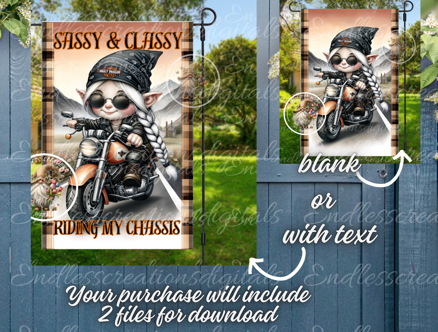 SASSY GIRL GNOME MOTORCYCLE GARDEN FLAG