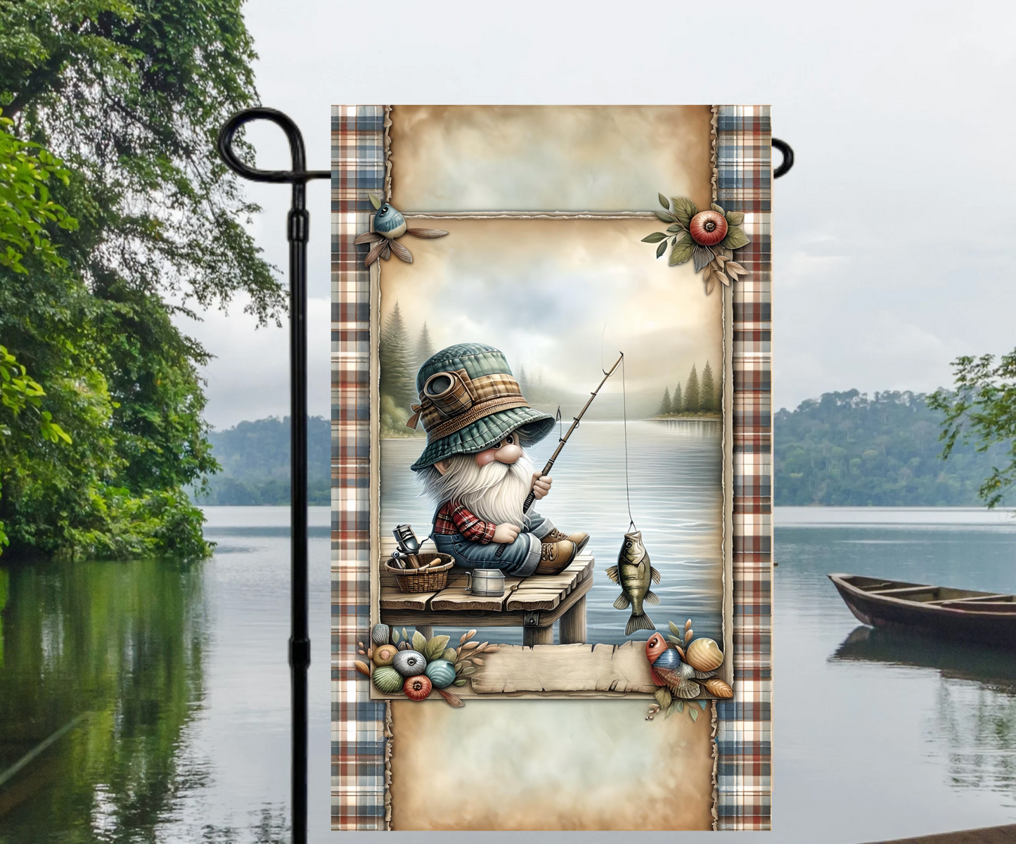 GONE FISHING GNOME GARDEN FLAG