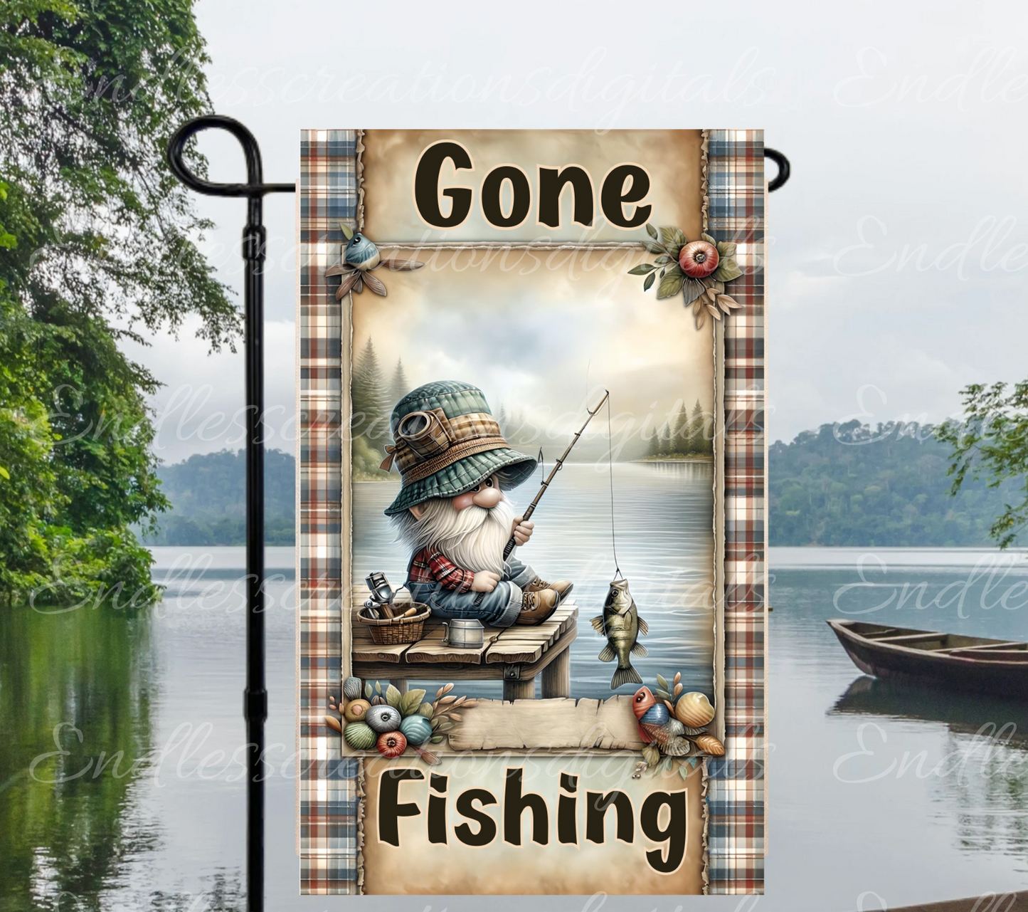 GONE FISHING GNOME GARDEN FLAG