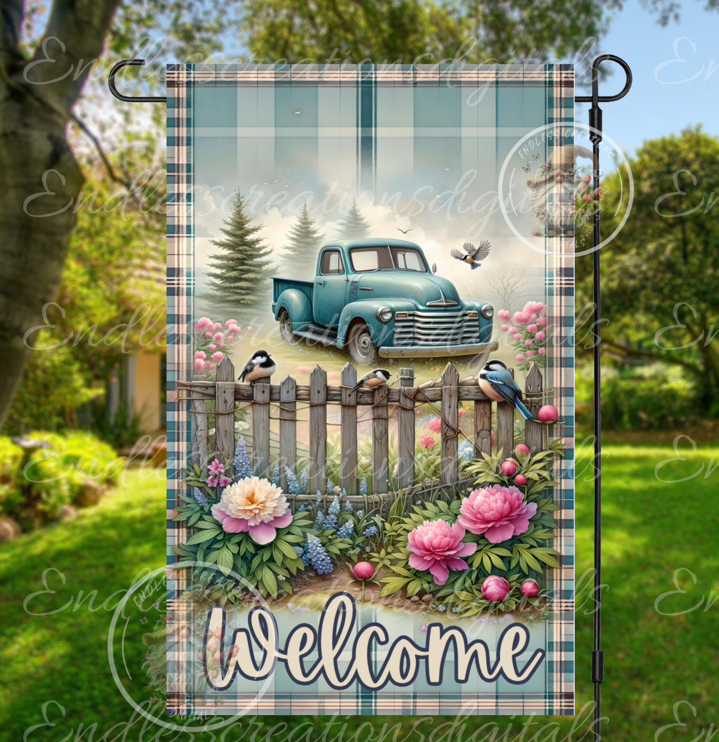 OLD BLUE TRUCK FLORAL GARDEN FLAG
