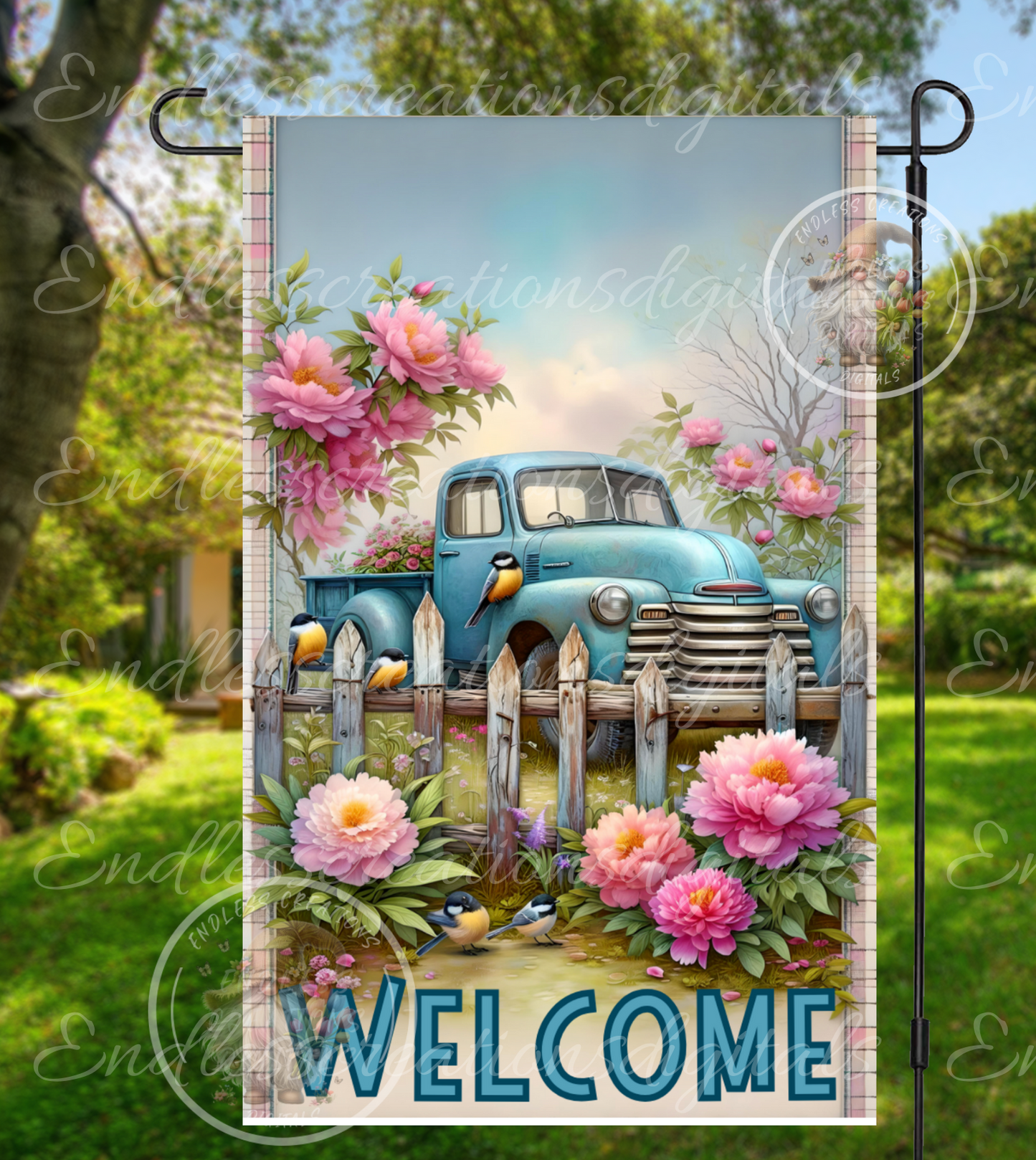 OLD BLUE TRUCK FLORAL GARDEN FLAG