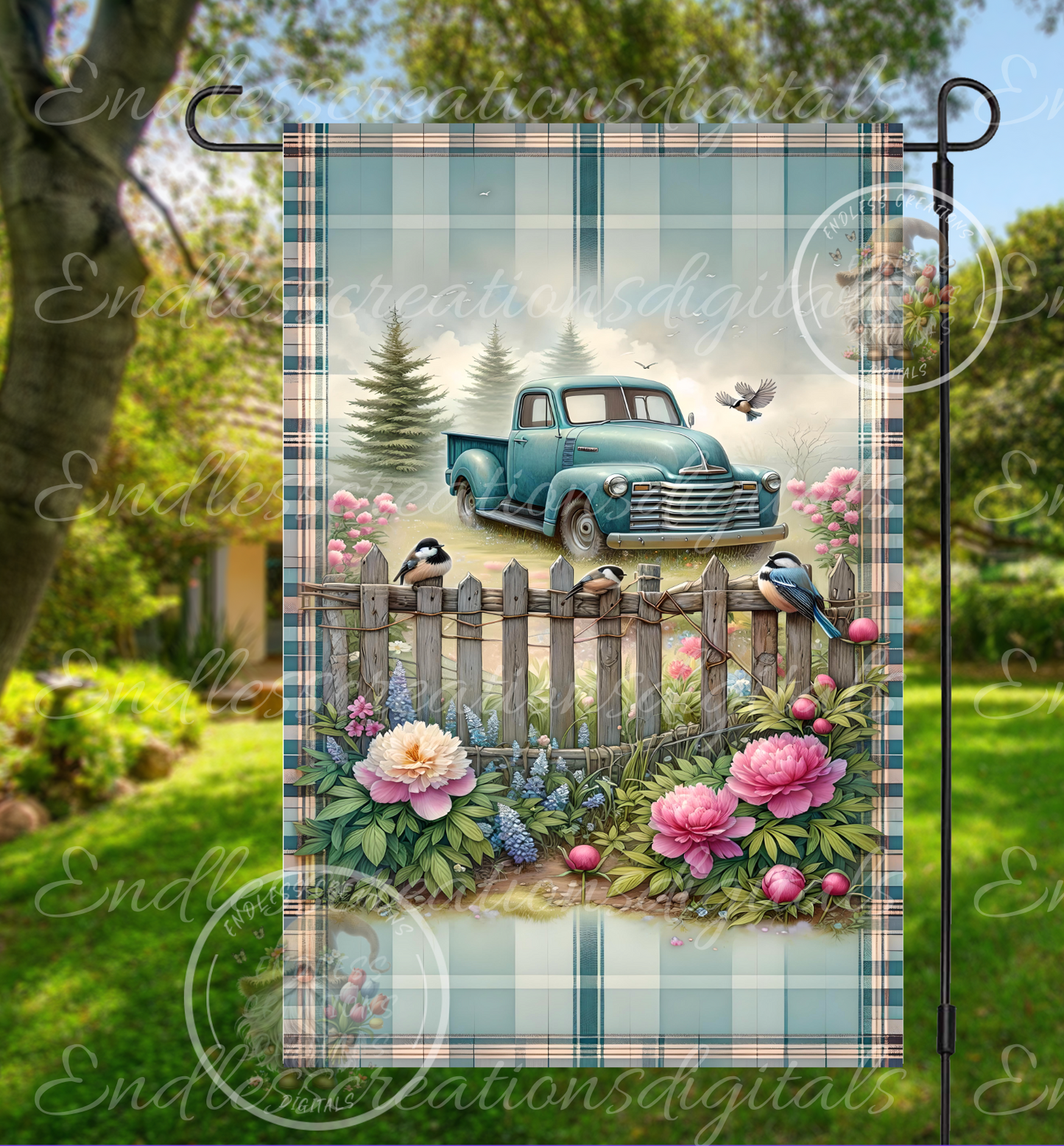 OLD BLUE TRUCK FLORAL GARDEN FLAG