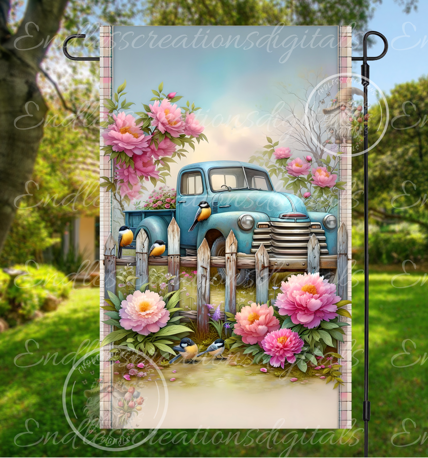 OLD BLUE TRUCK FLORAL GARDEN FLAG