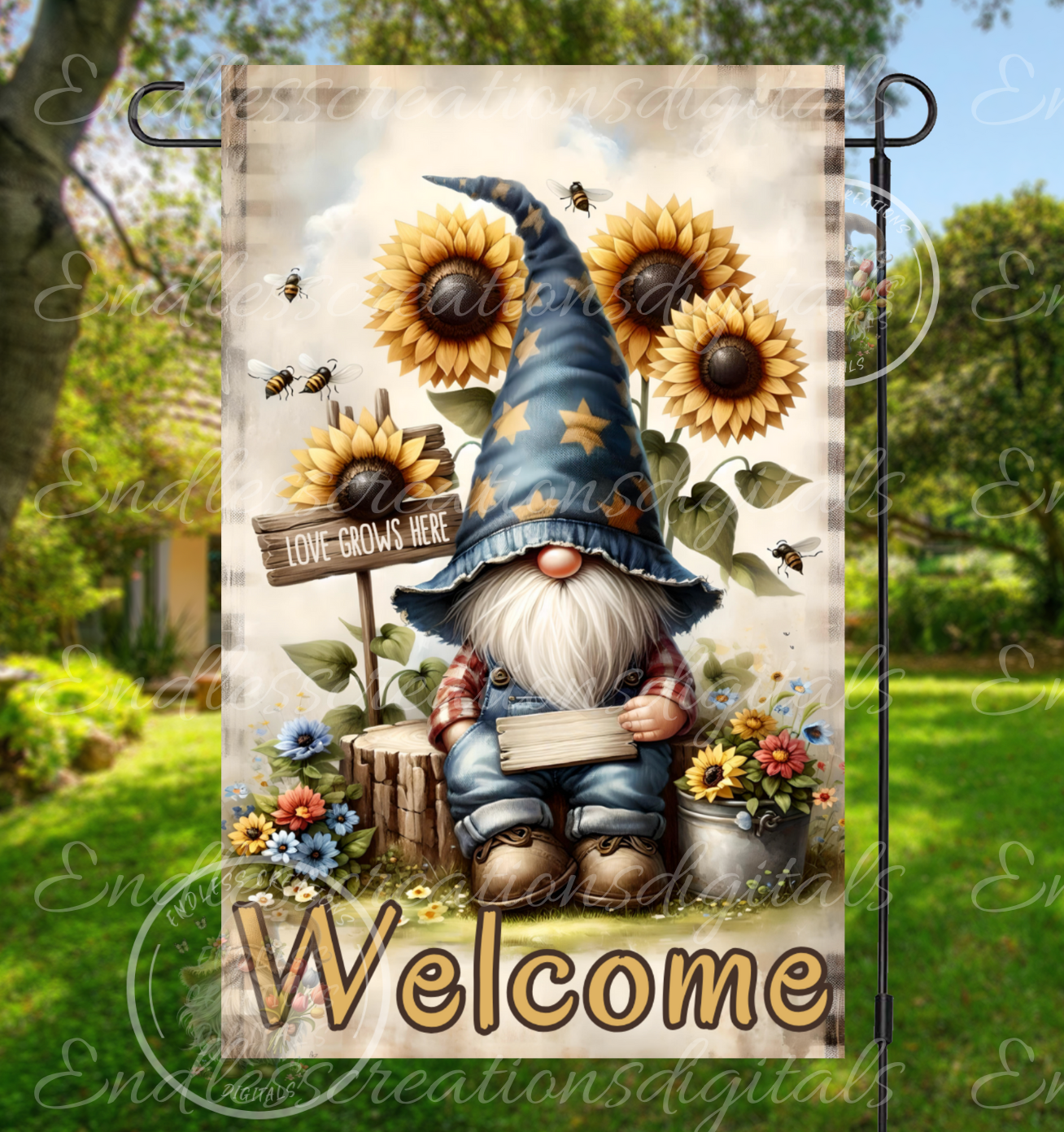 WELCOME GNOME FLORAL GARDEN FLAG