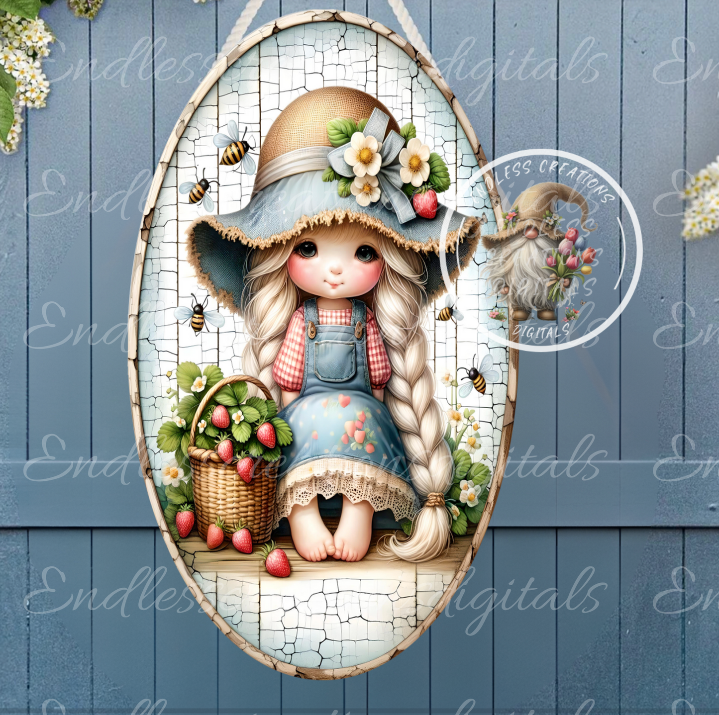 SWEET SUMMER STRAWBERRY GIRL GNOME OVAL DIGITAL