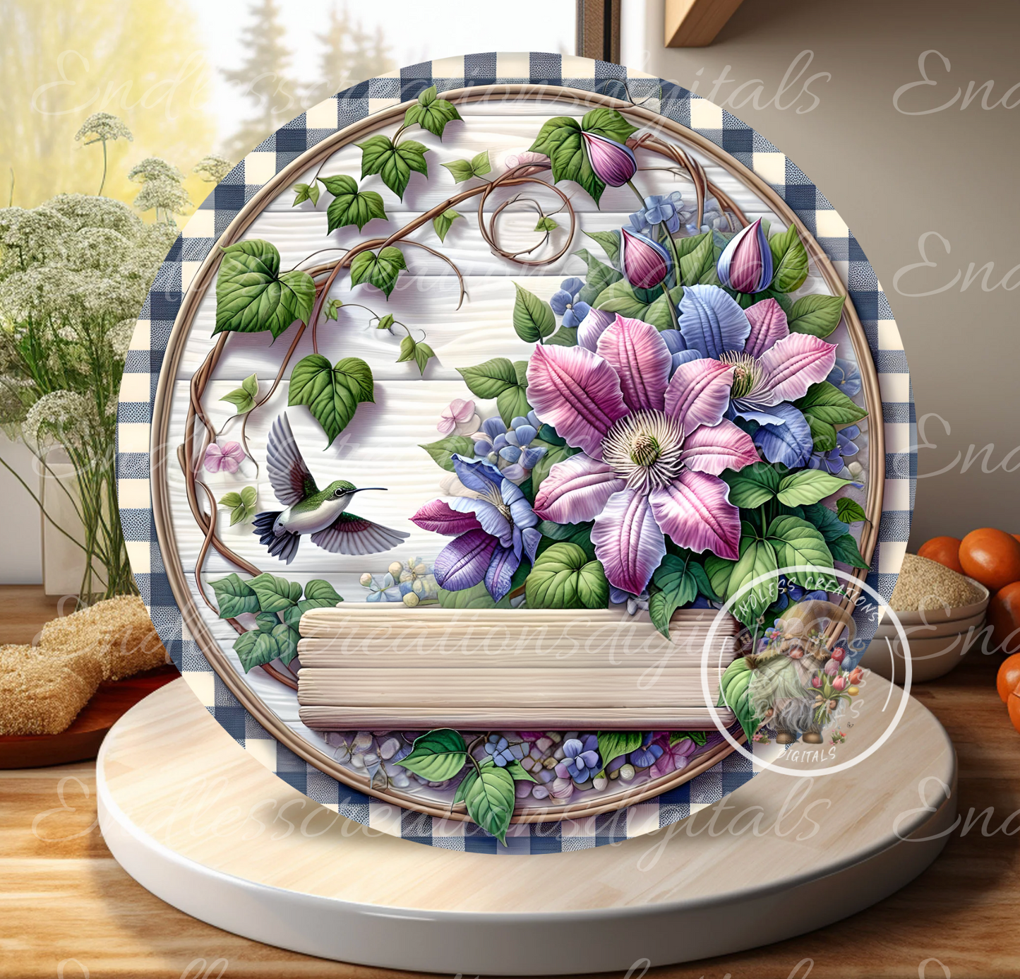 ROUND SUMMER WELCOME HUMMINGBIRD WITH CLEMATIS FLOWERS