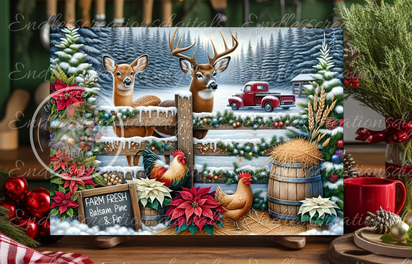 WINTER TREES, DEER, TRUCK RECTANGLE