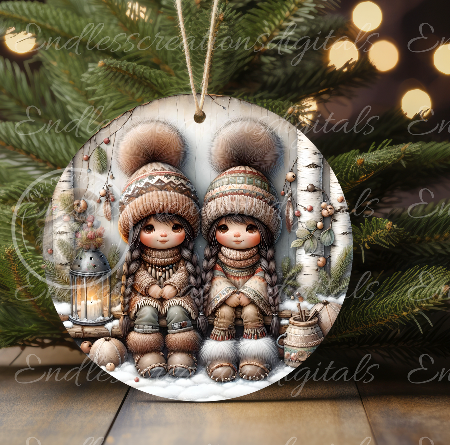 WINTER ROUND NATIVE GIRLS ORNAMENTS/GIFT TAGS