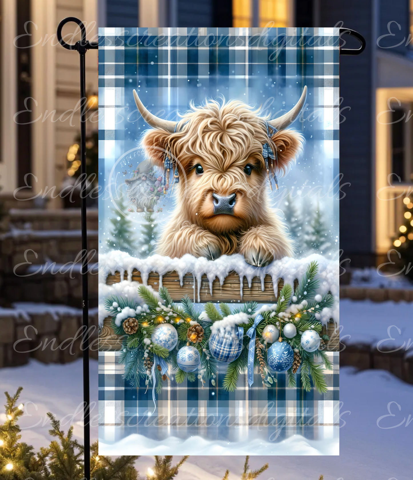 WINTER HIGHLAND COW GARDEN FLAG