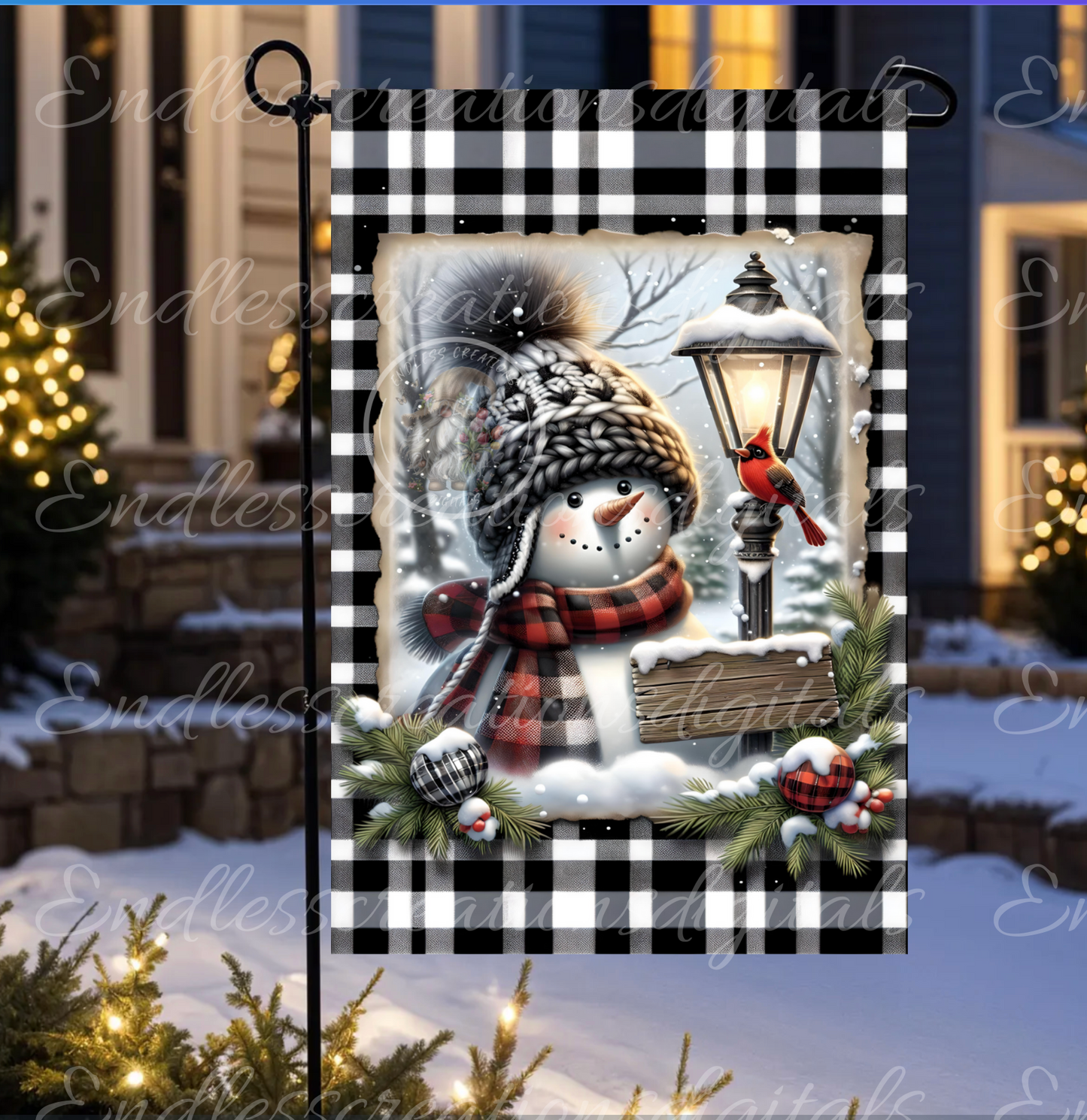 BUFFALO PLAID WINTER SNOWMAN GARDEN FLAG