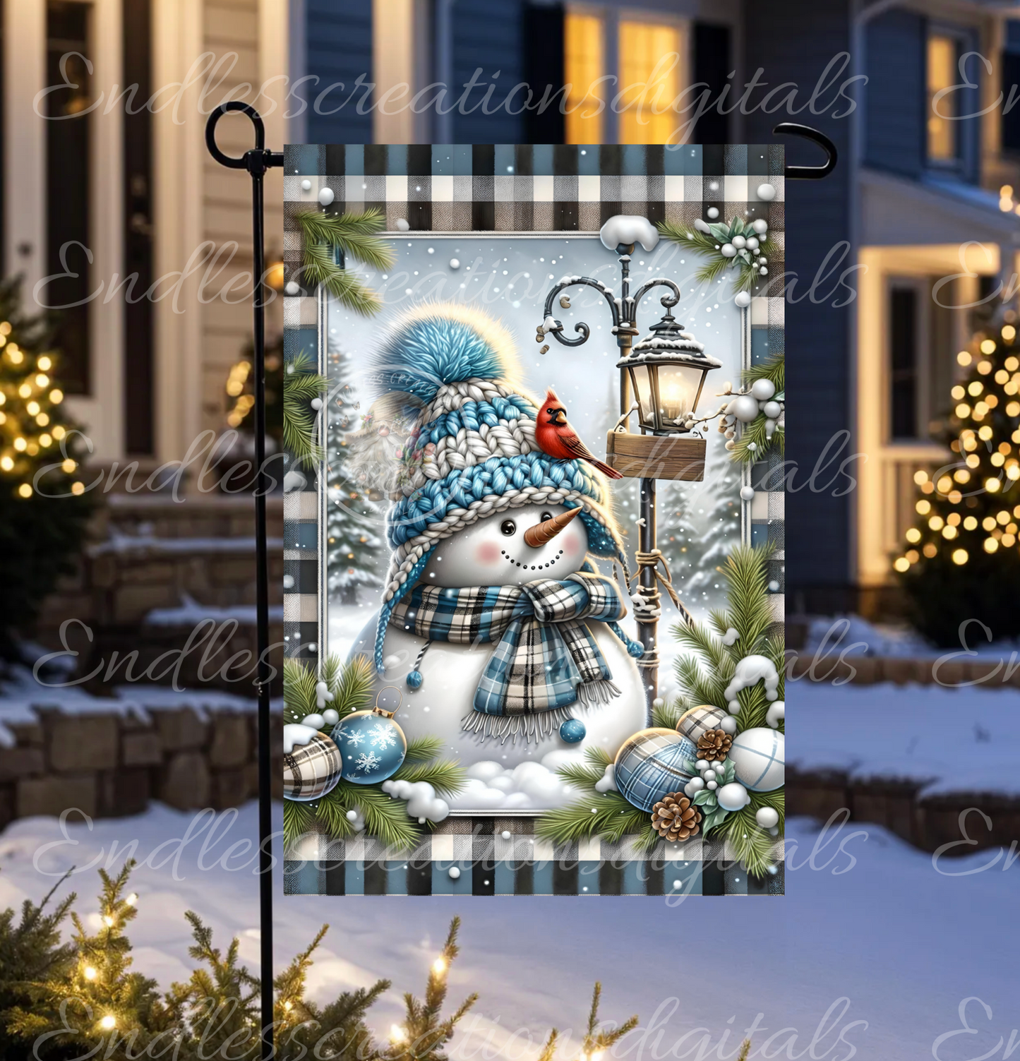 LET IT SNOW SKY BLUE PLAID SNOWMAN GARDEN FLAG