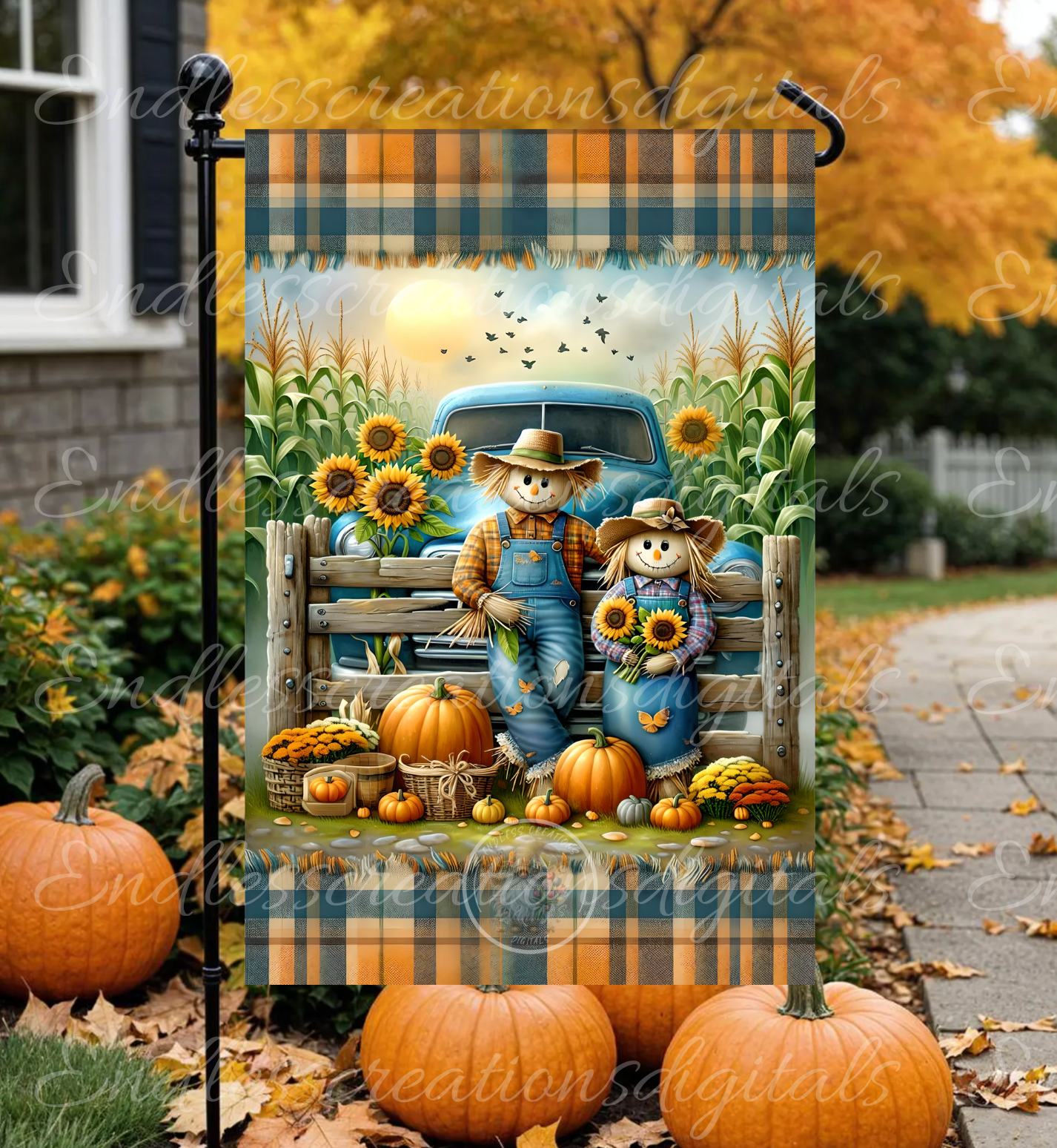 MR & MRS SCARECROW TRUCK FALL GARDEN FLAG