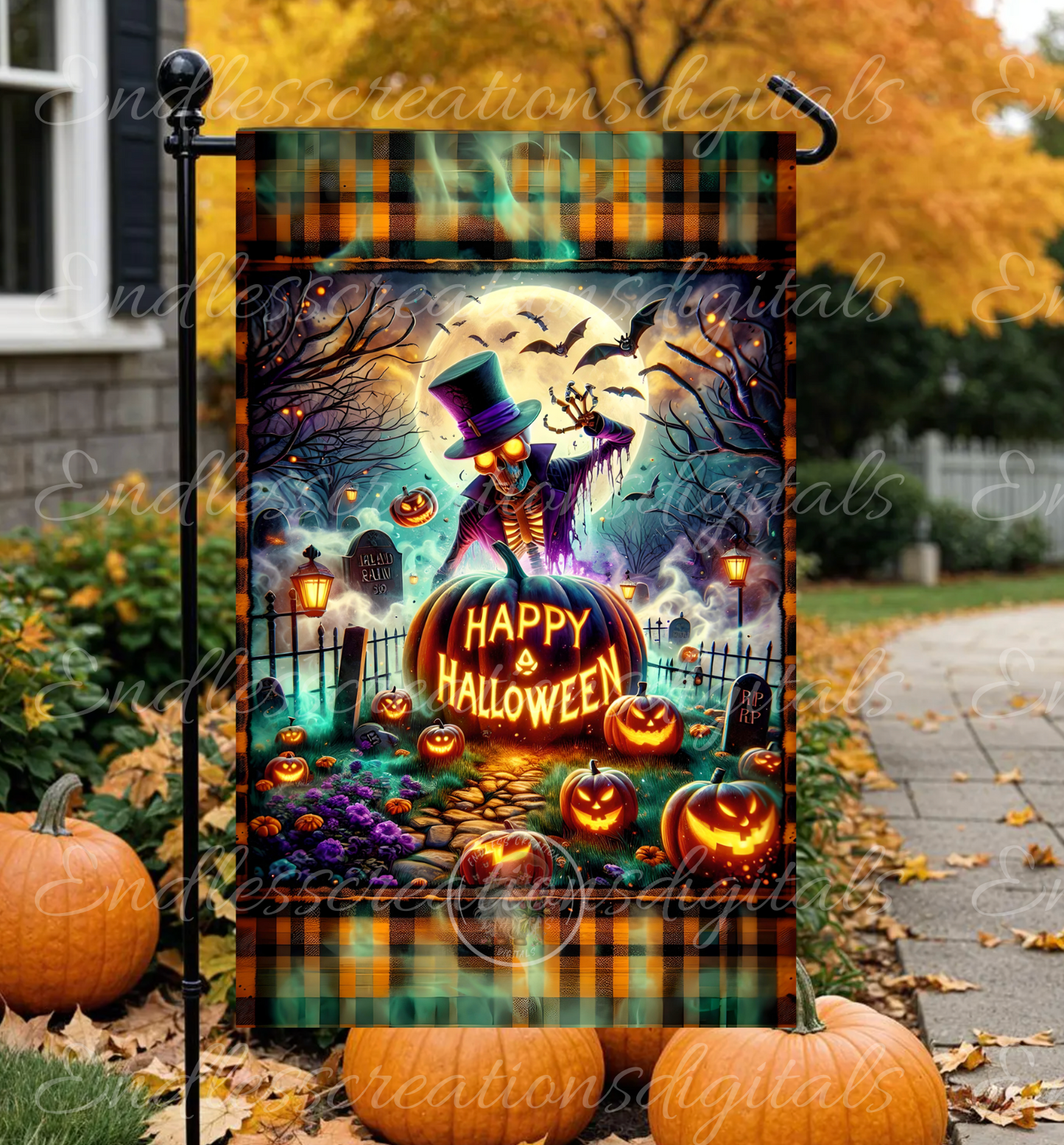 HAPPY HALLOWEEN FALL SKELETON GARDEN FLAG