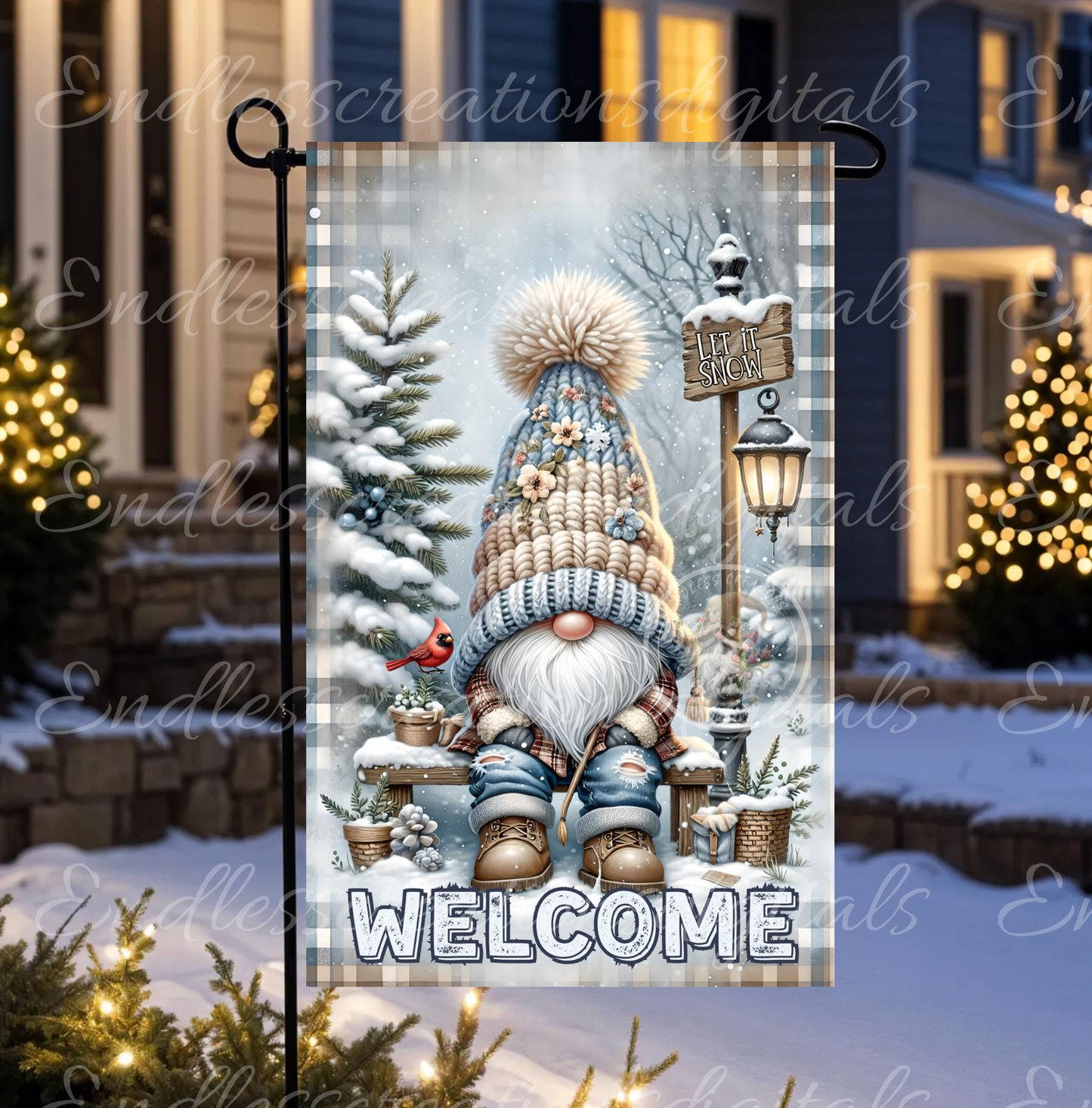 WINTER WELCOME GNOME GARDEN FLAG