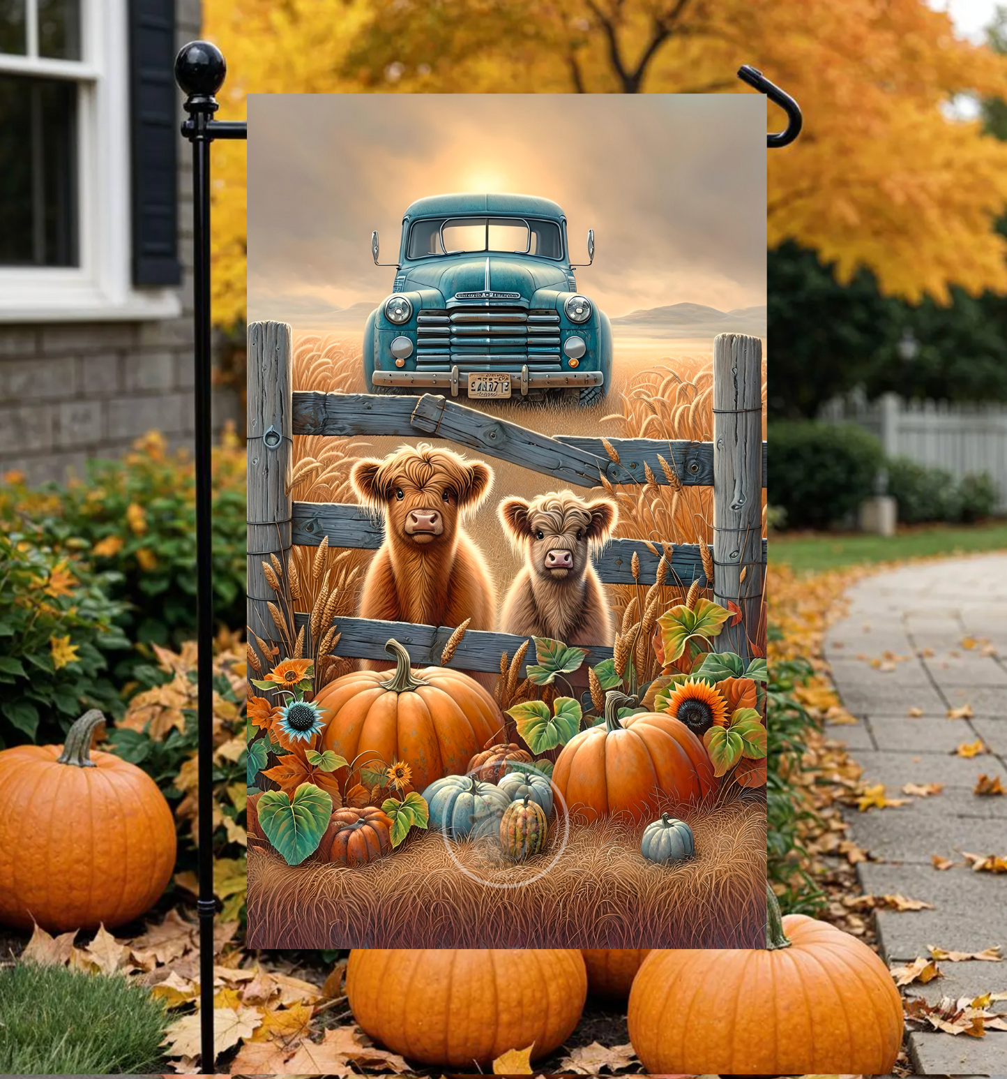 WELCOME HIGHLANDS BLUE TRUCK FALL GARDEN FLAG