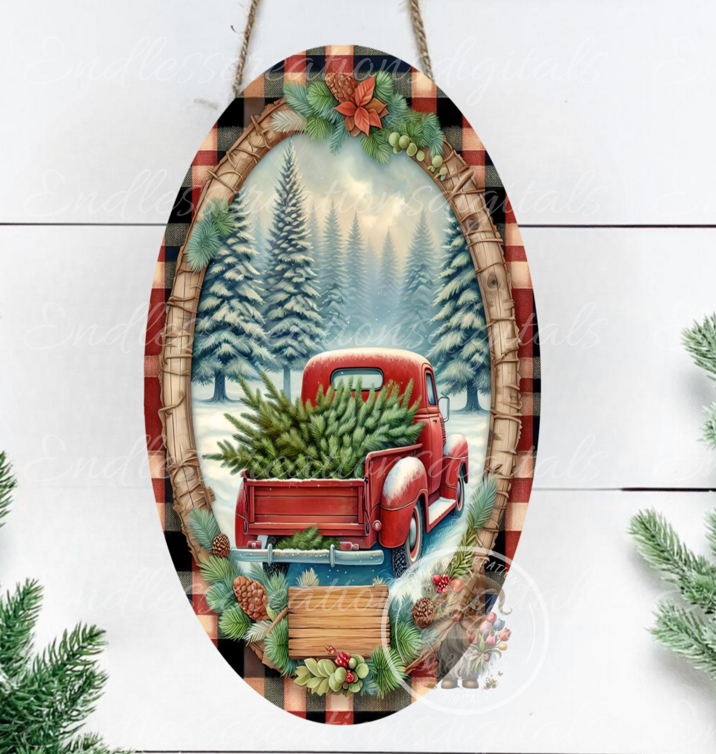 RED TRUCK TALL OVAL DIGITAL WINTER TREES