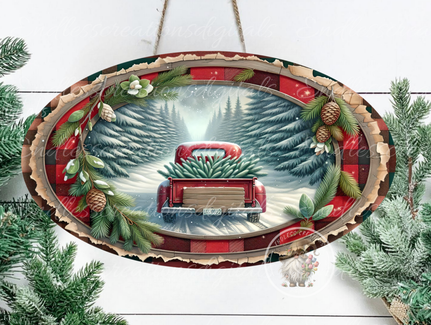 FARM FRESH CHRISTMAS OVAL DIGITAL RED TRUCK