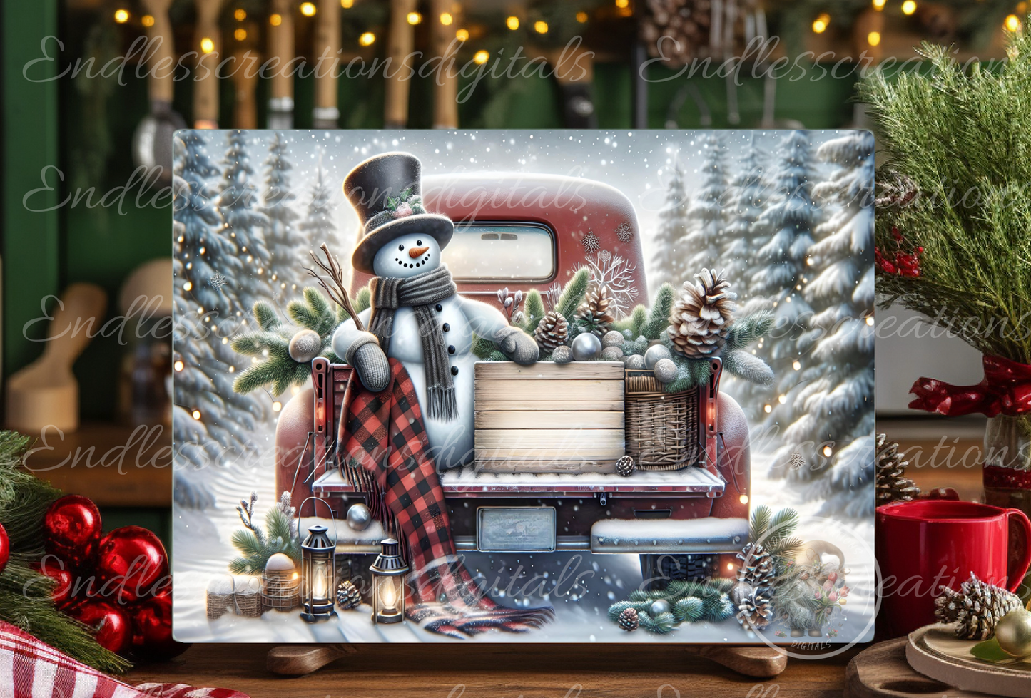 SNOWMAN WINTER RED TRUCK RECTANGLE/TINS