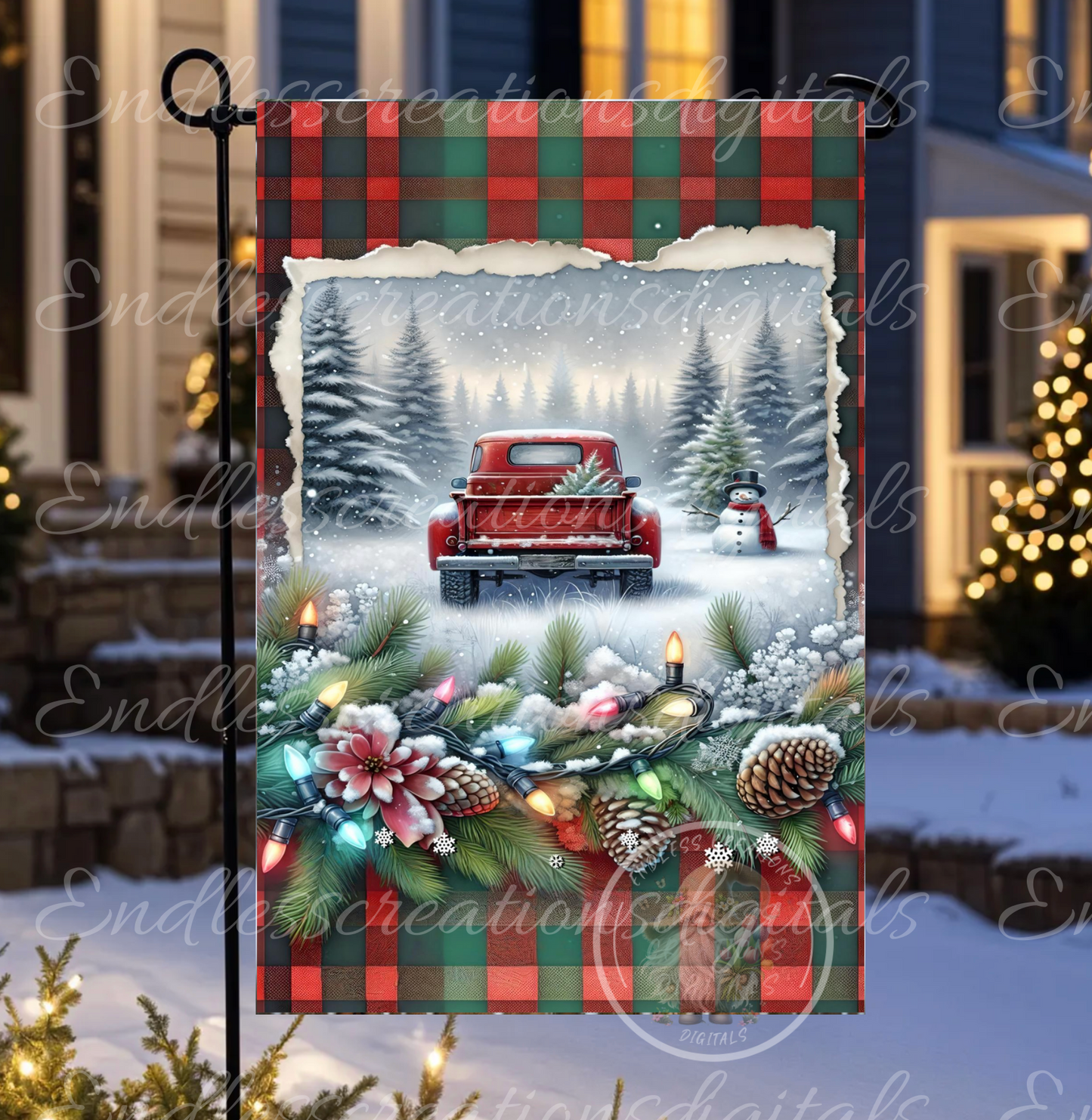 WINTER RED TRUCK GARDEN FLAG