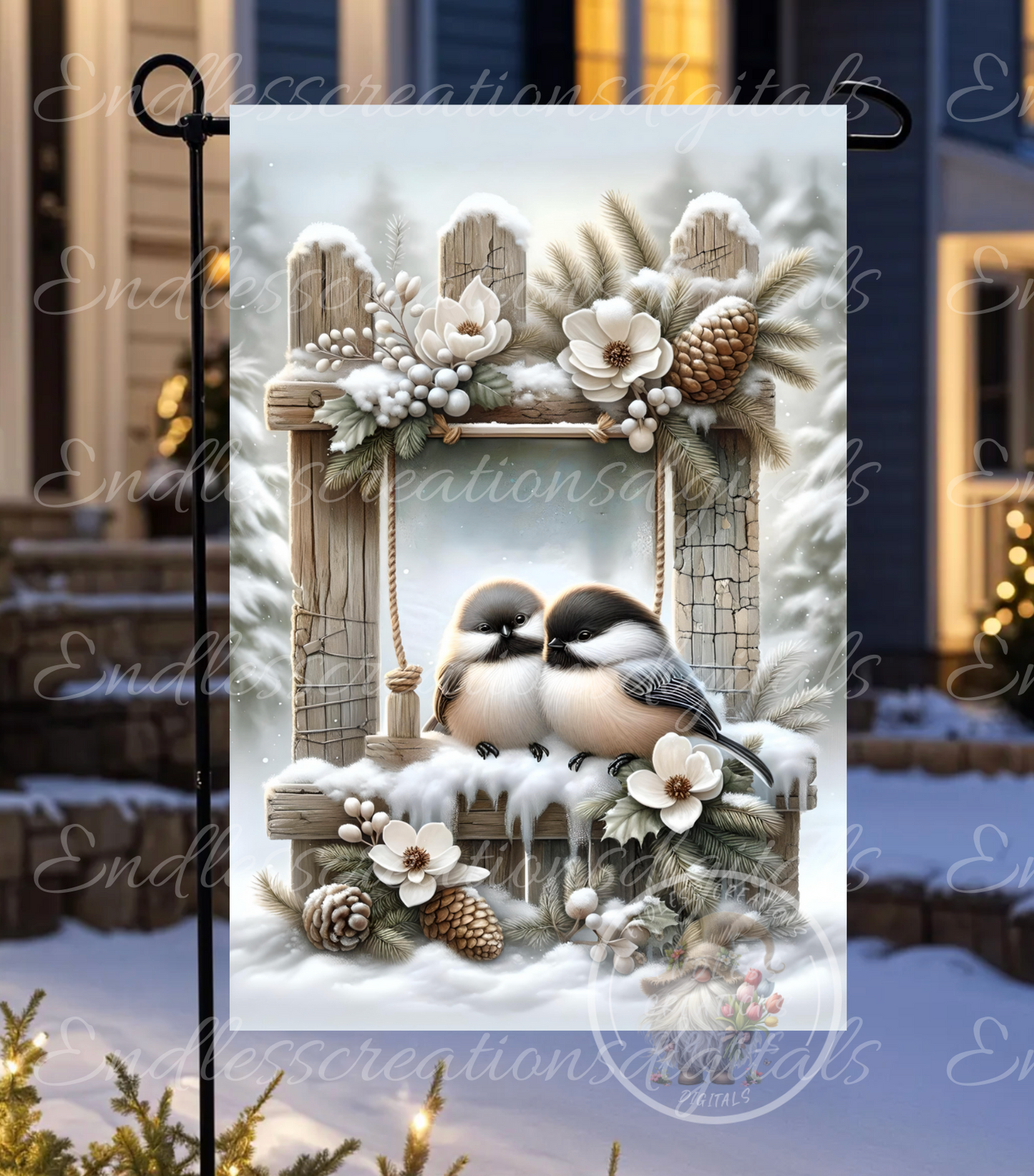 WINTER SNUGGLES CHICKADEES GARDEN FLAG