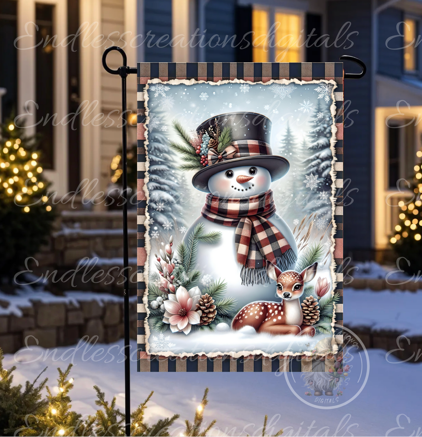 WINTER SNOWMAN WITH BABY DEER GARDEN FLAG
