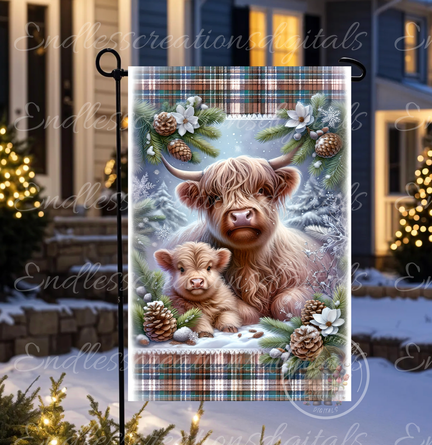 WINTER MAMA AND BABY HIGHLAND COW GARDEN FLAG