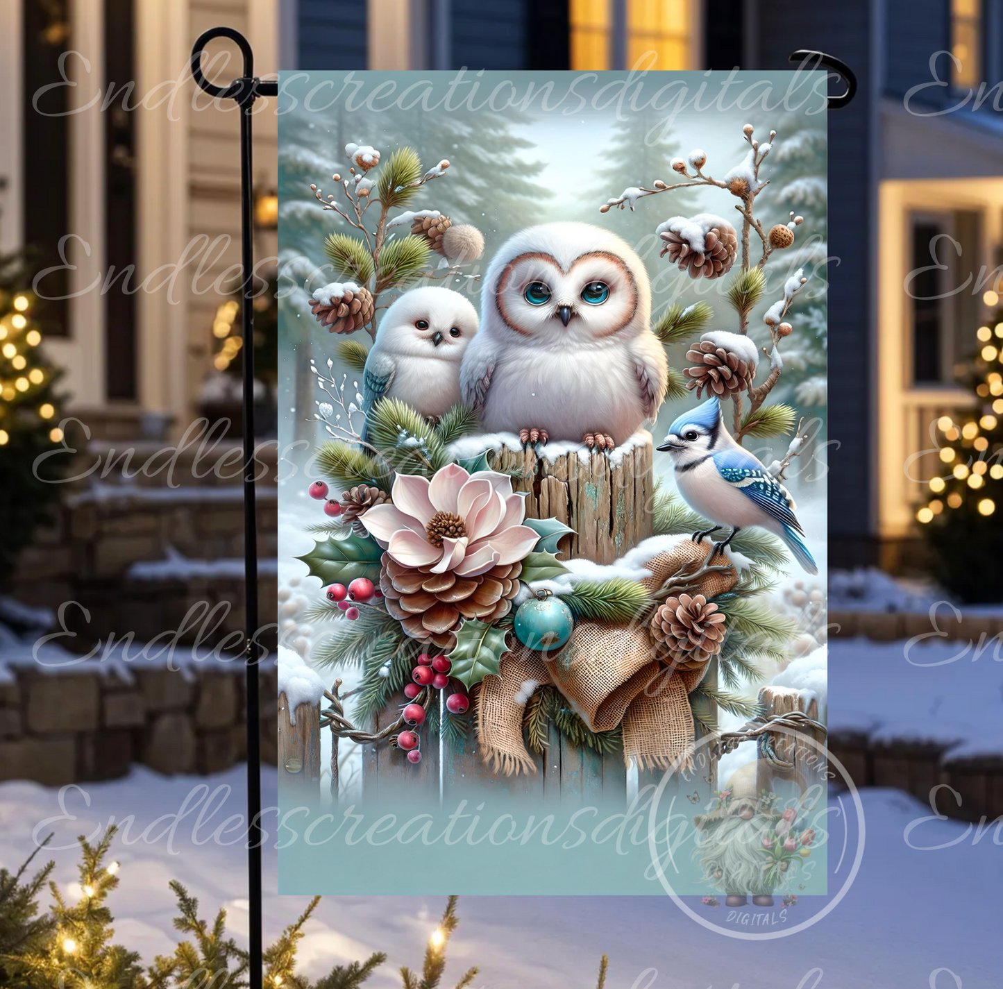 SNOW OWLS AND BLUE JAY GARDEN FLAG