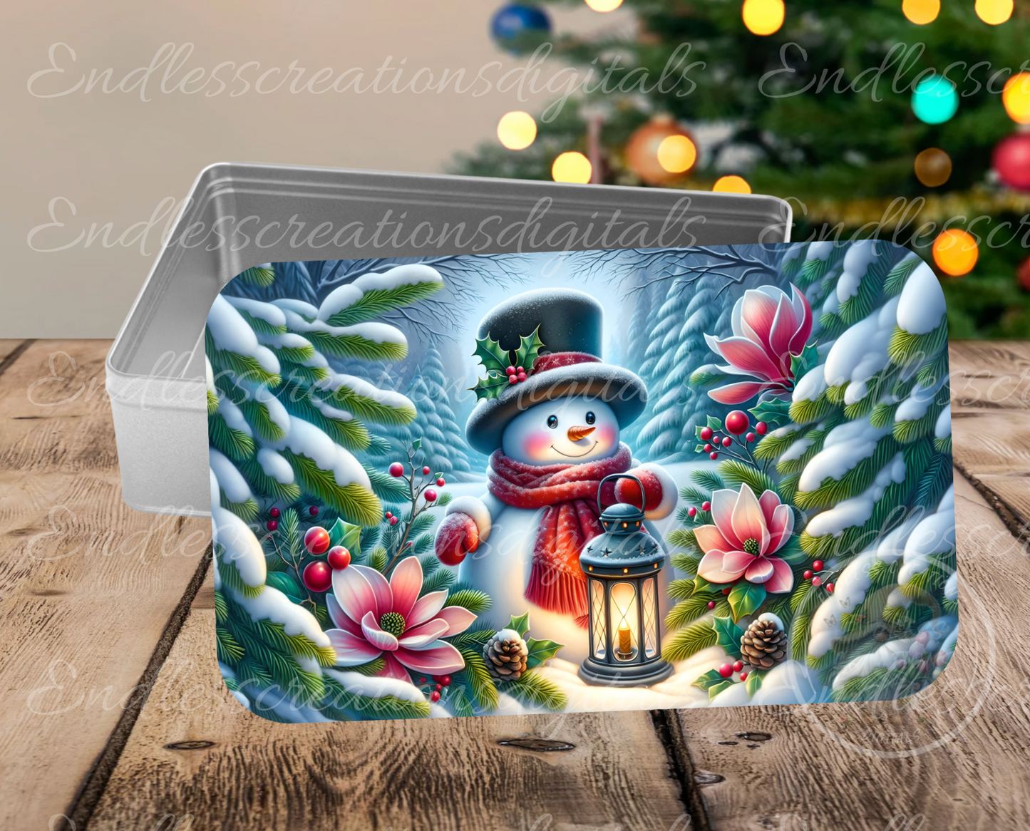 SNOWMAN MAGNOLIA LANTERN RECTANGLE/TINS