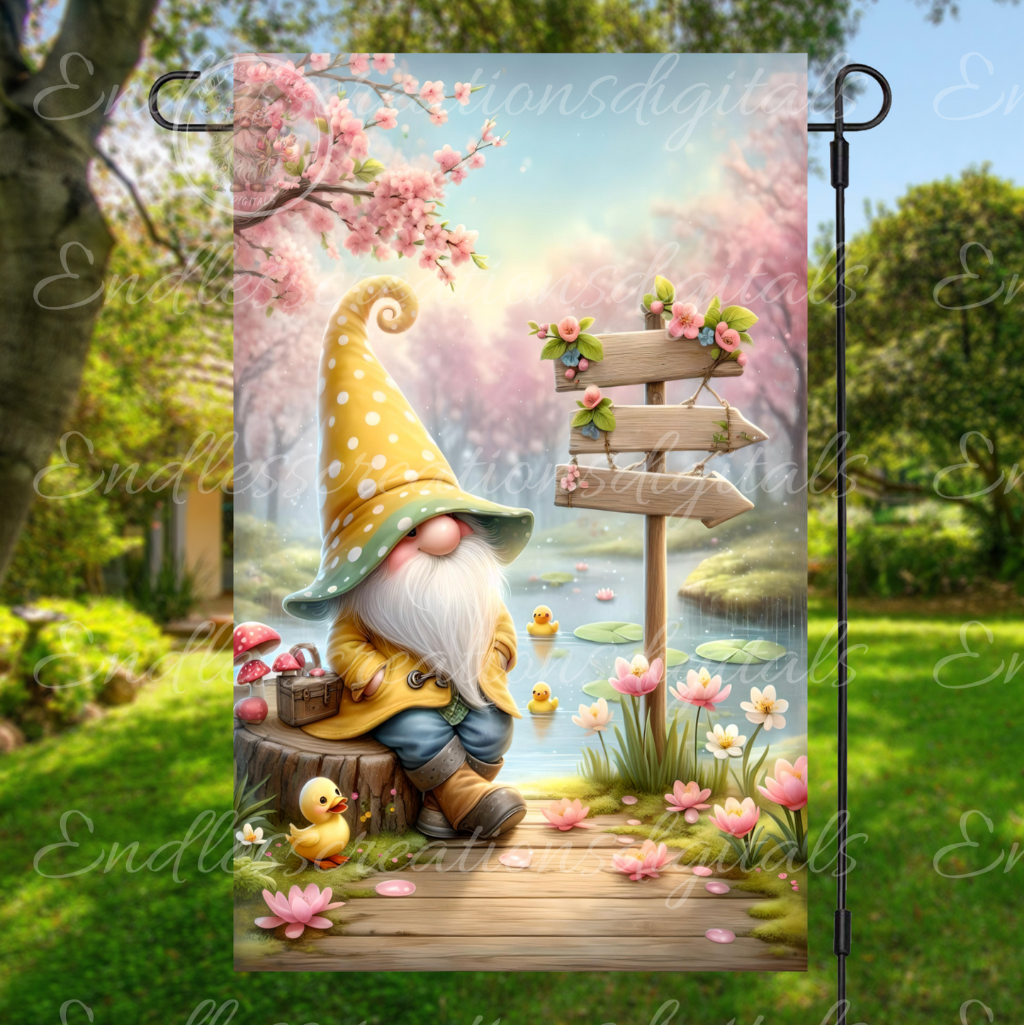 SPRING GNOME GARDEN FLAG
