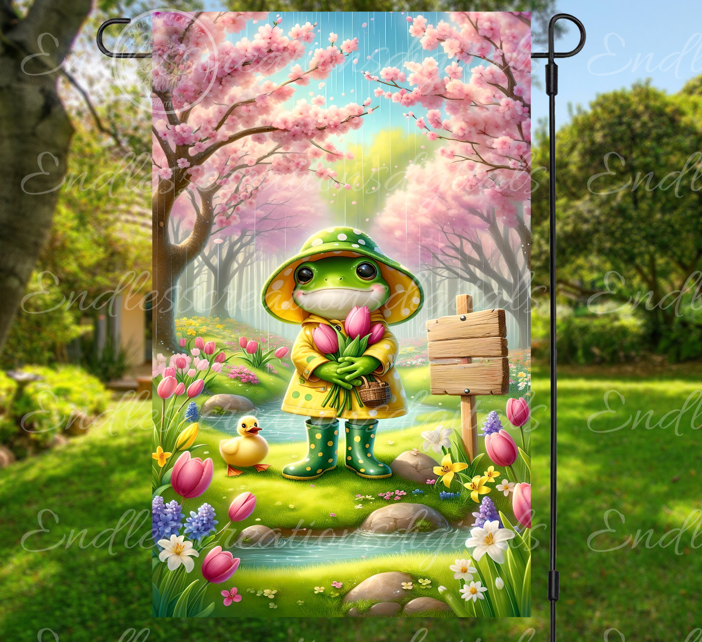 SPRING FLOWERS FROG GARDEN FLAG