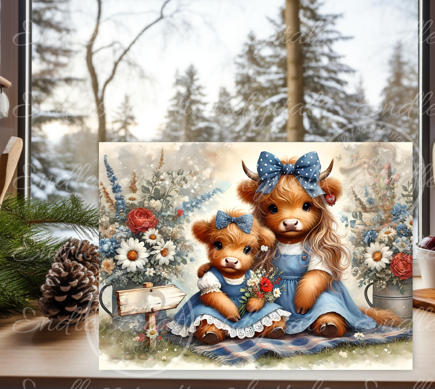 Adorable pair of Highlands dressed for Valentines ready to download for high quality sublimation,