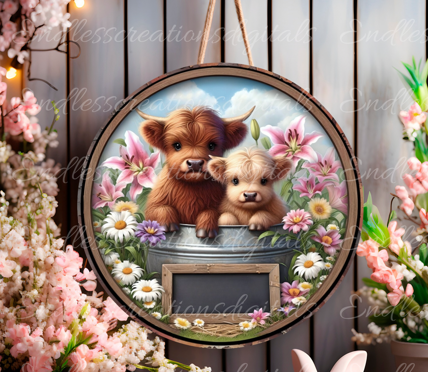 HIGHLAND COW SUBLIMATION door hanger, wreath sign png, for sublimation, 2 high resolution digital files for download including 1 blank to add your own text