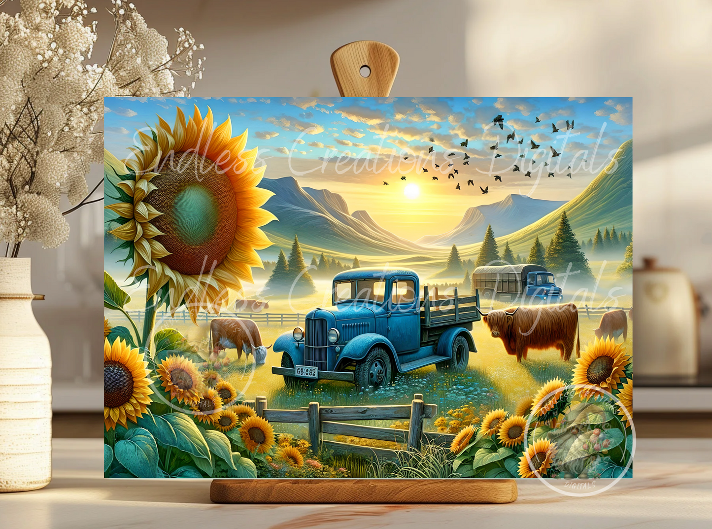 SUNFLOWERS MOUNTAIN BLUE TRUCK RECTANGLE