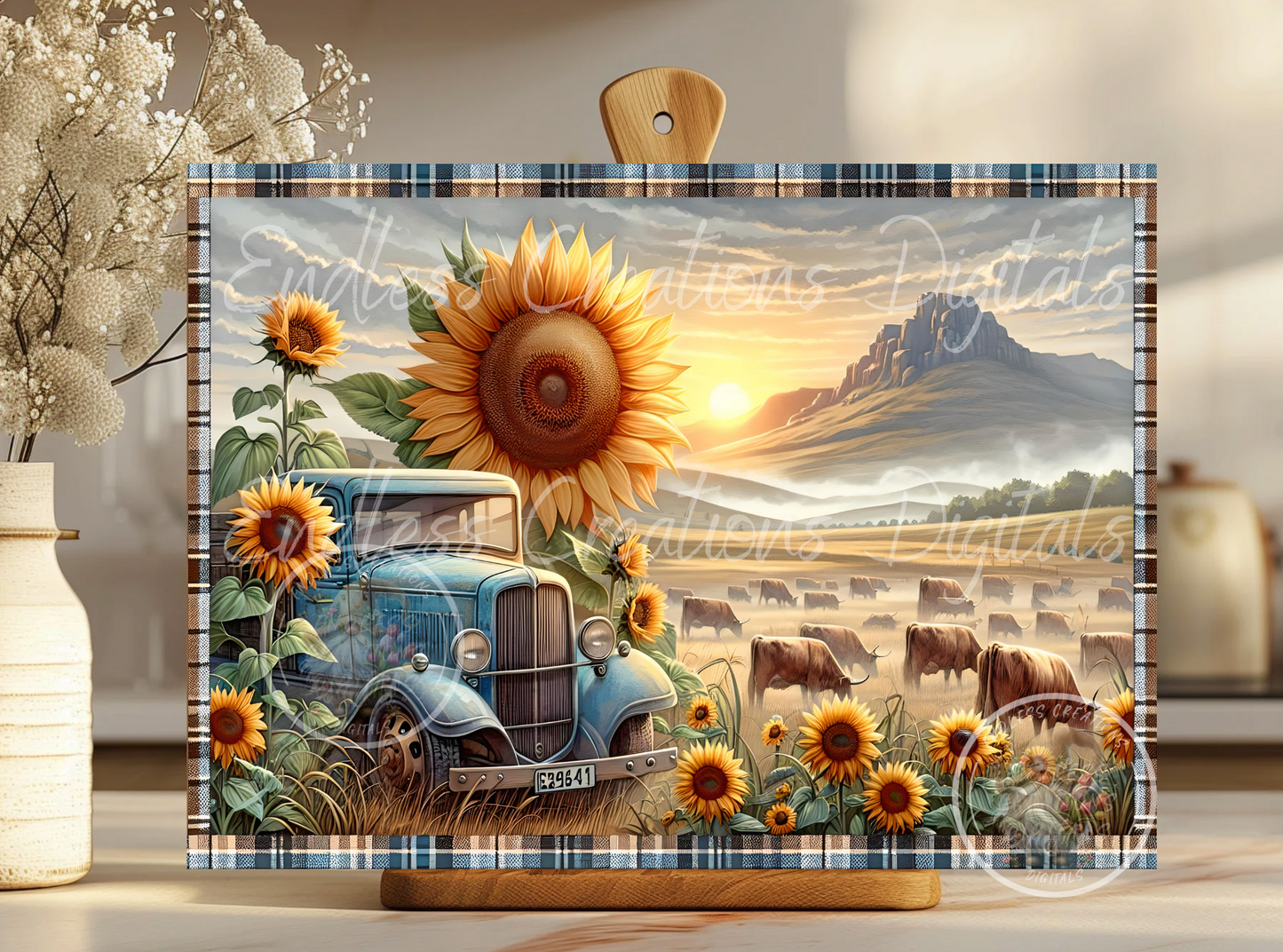 SUNFLOWERS BLUE TRUCK MOUNTAINS RECTANGLE