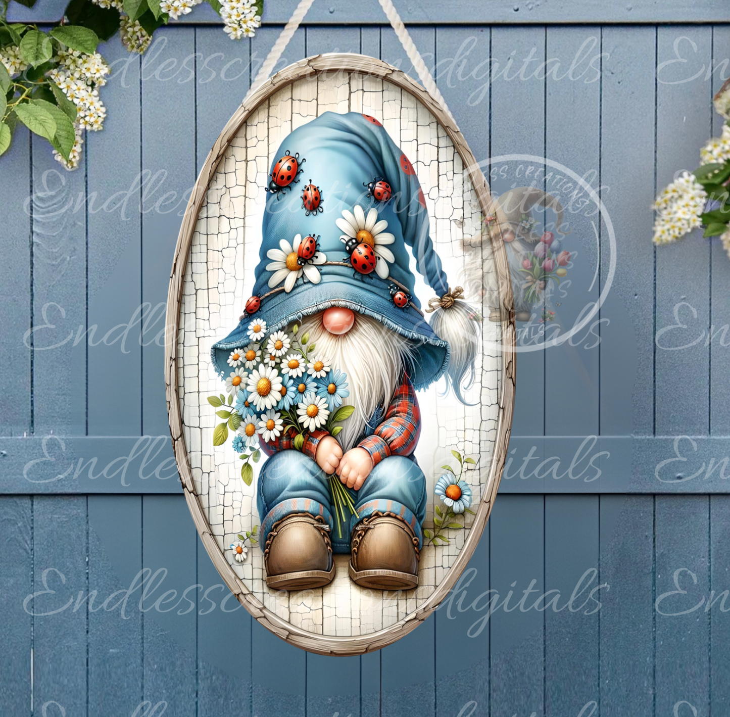 WELCOME DENIM DAISY GNOME OVAL DIGITAL