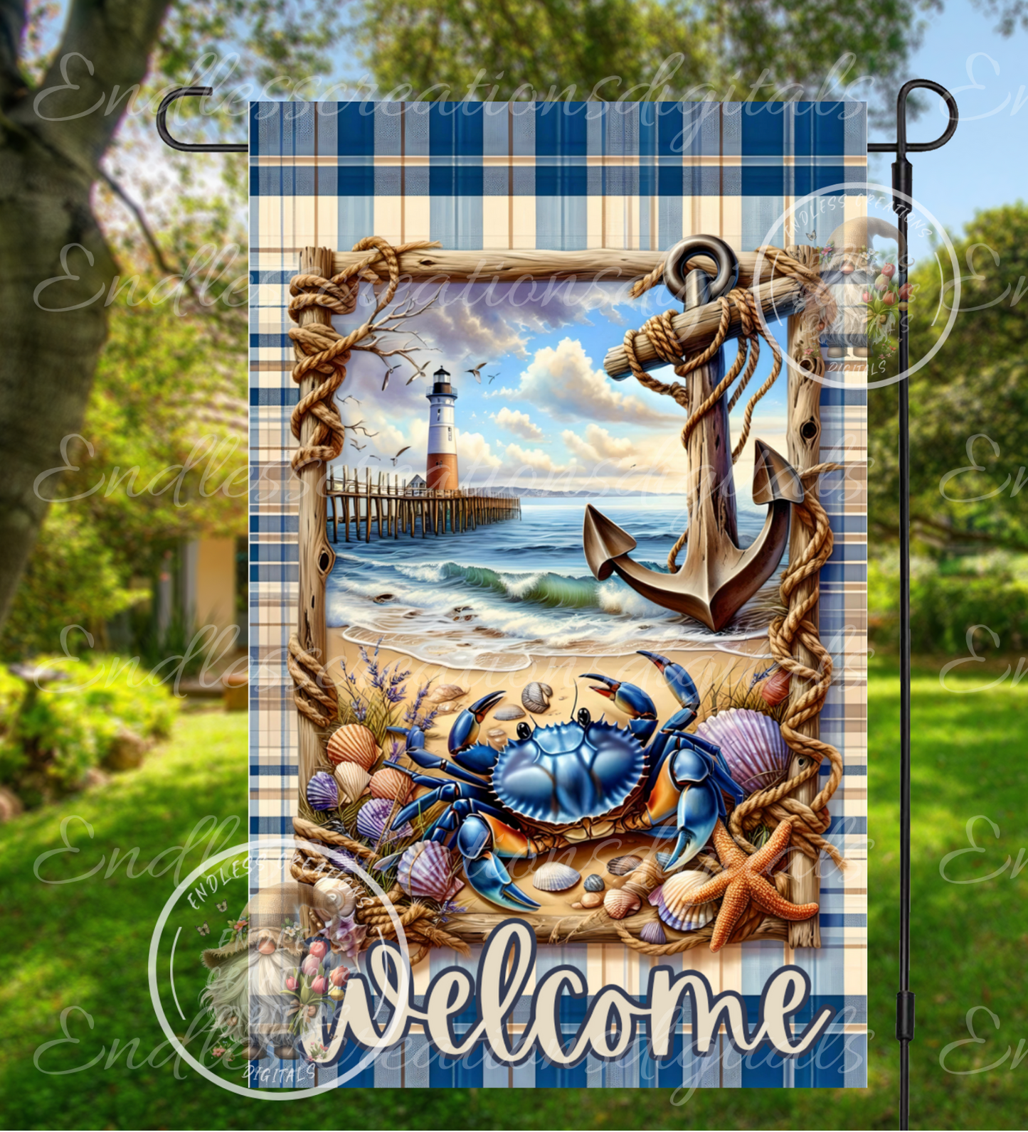 NAUTICAL BLUE CRAB SUMMER OCEAN GARDEN FLAG