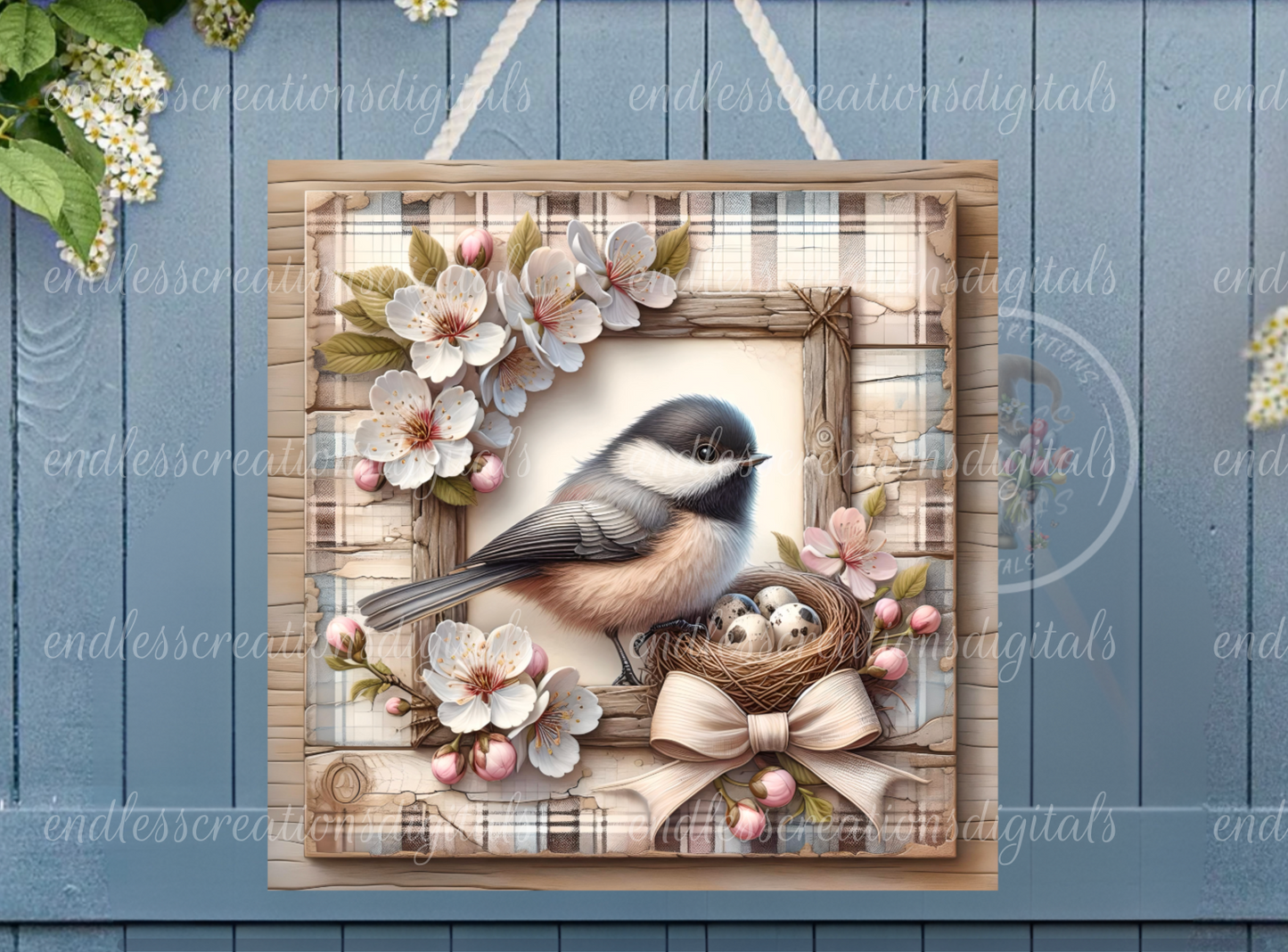 SPRING CHERRY BLOSSOMS CHICKADEE SQUARE