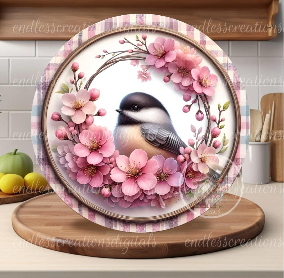 SPRING CHERRY BLOSSOMS CHICKADEE ROUND WIND SPINNER
