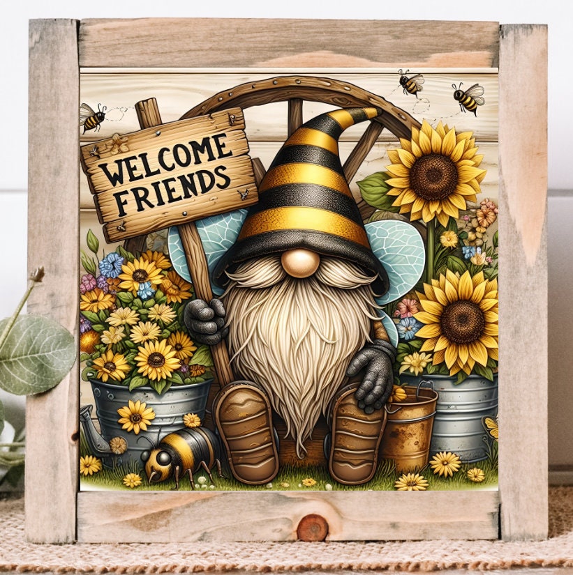 BEE GNOME SUNFLOWERS Sublimation 300 dpi images. 3 in set. 1 transparent, 1 round great for wreath signs or door hangers and 1 png
