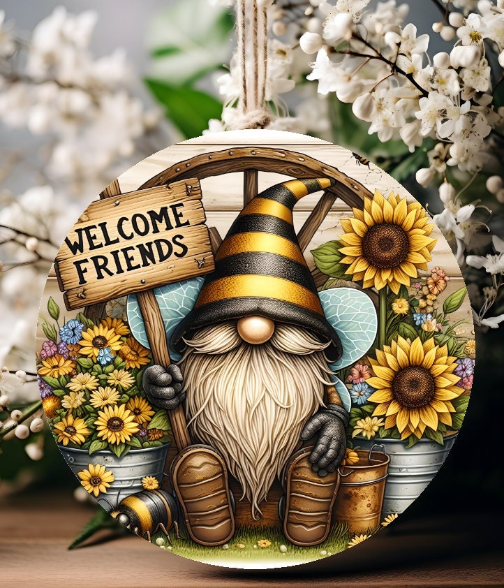 BEE GNOME SUNFLOWERS Sublimation 300 dpi images. 3 in set. 1 transparent, 1 round great for wreath signs or door hangers and 1 png