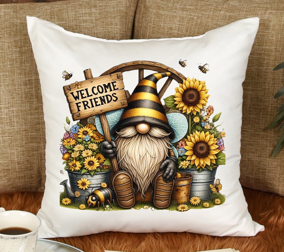 BEE GNOME SUNFLOWERS Sublimation 300 dpi images. 3 in set. 1 transparent, 1 round great for wreath signs or door hangers and 1 png
