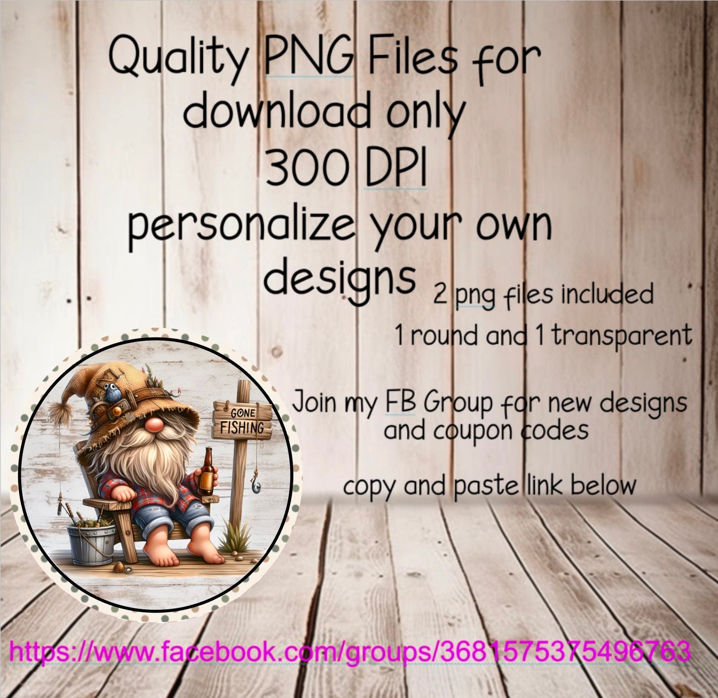 FISHING GNOME SUBLIMATION round 300dpi high quality digital image 1 round and 1 transparent. 2 files for download